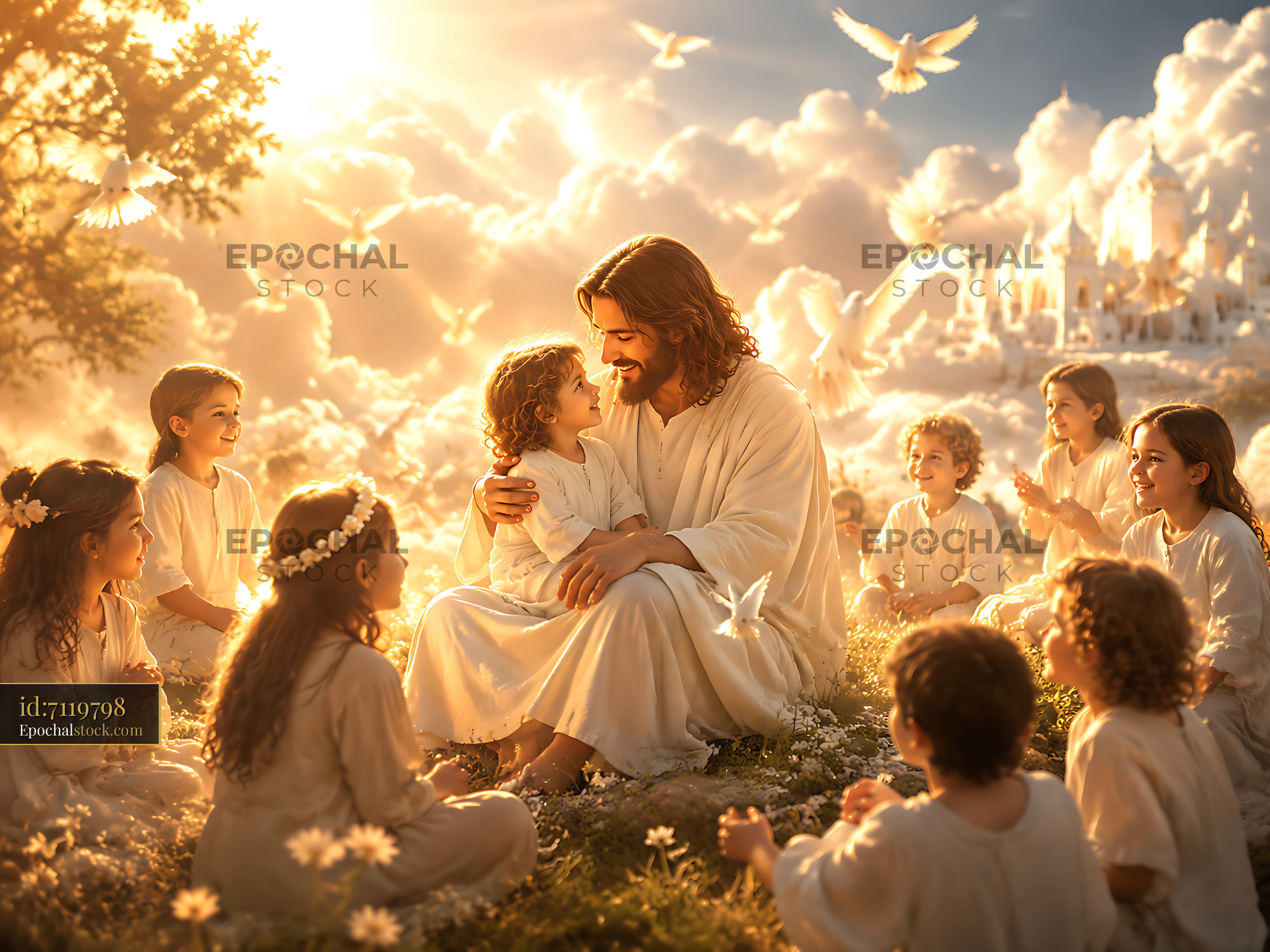 Watermarked full-resolution preview of Children gathering around a figure in a bright landscape