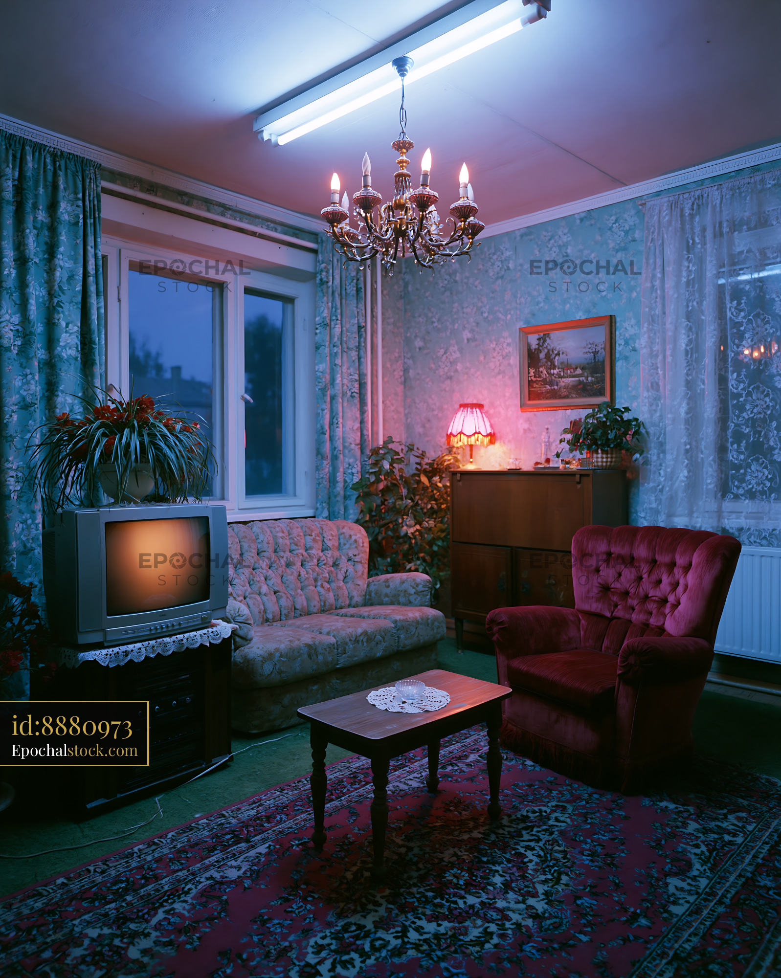 Watermarked full-resolution preview of Cozy living room setup with vintage furniture and warm lighting