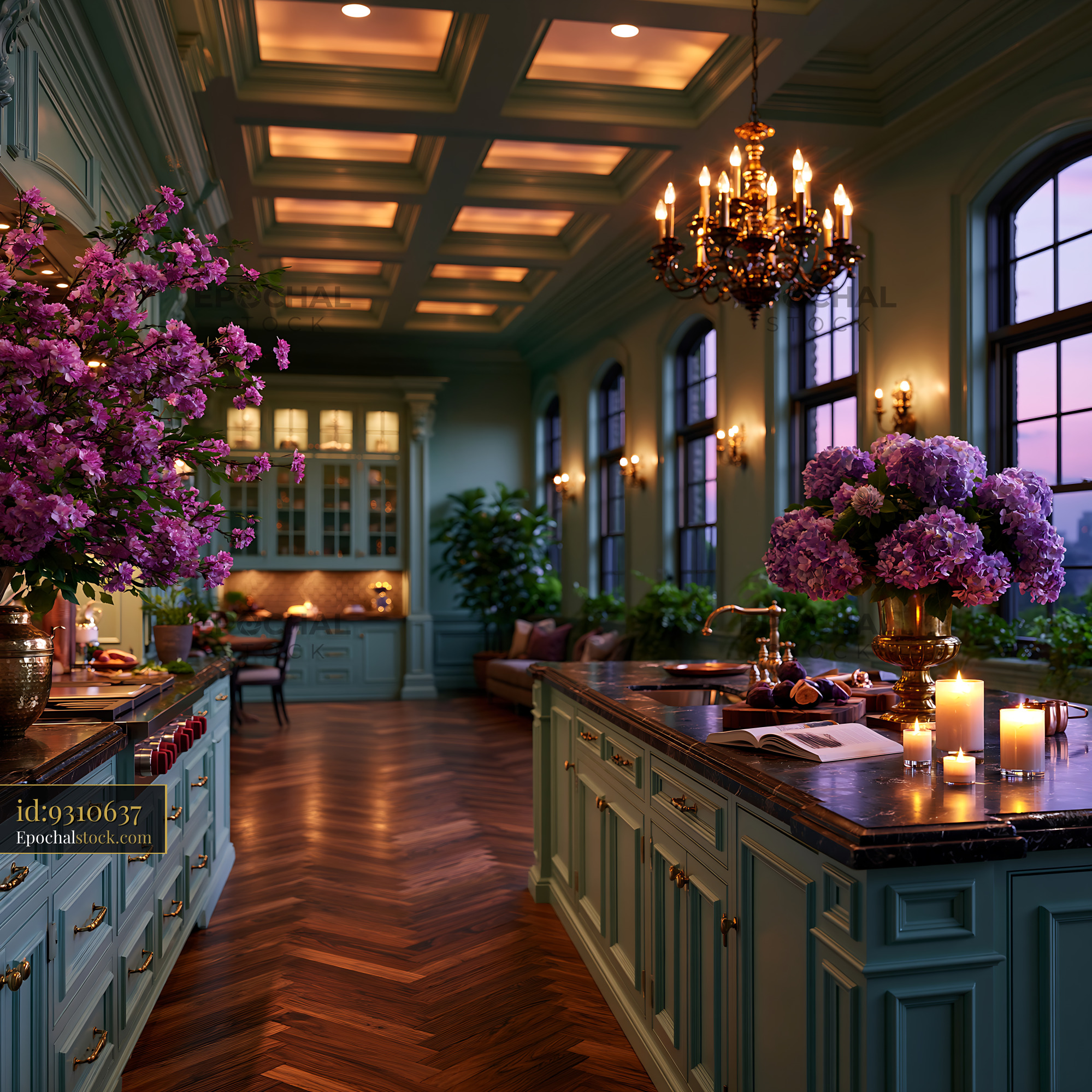 Watermarked full-resolution preview of Elegant kitchen with flowers and warm lighting at sunset
