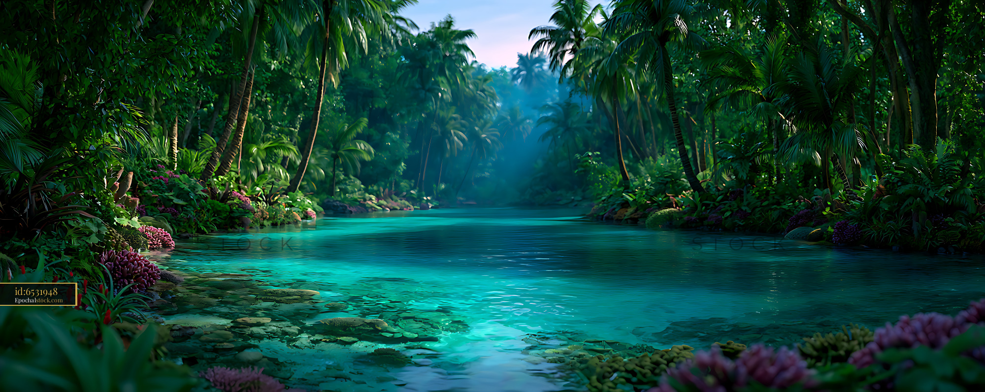 Watermarked full-resolution preview of Turquoise river in a lush tropical jungle