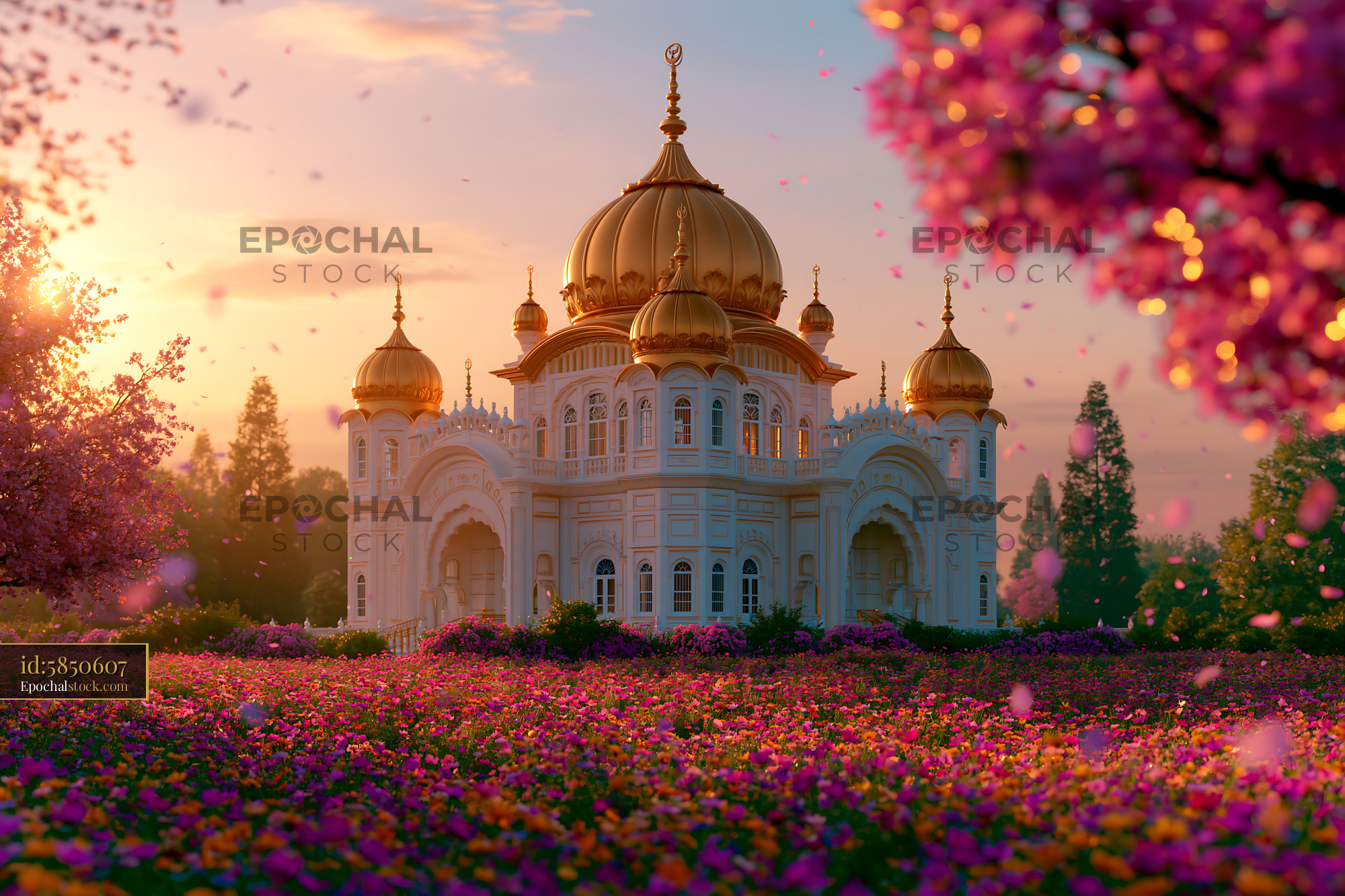 Watermarked full-resolution preview of Flower garden surrounding a white palace with golden domes