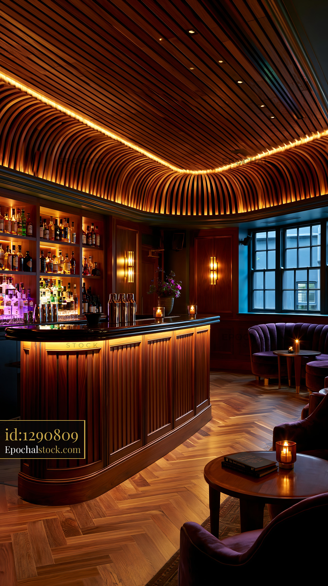 Watermarked full-resolution preview of Dimly lit bar interior with wooden decor and shelves of drinks