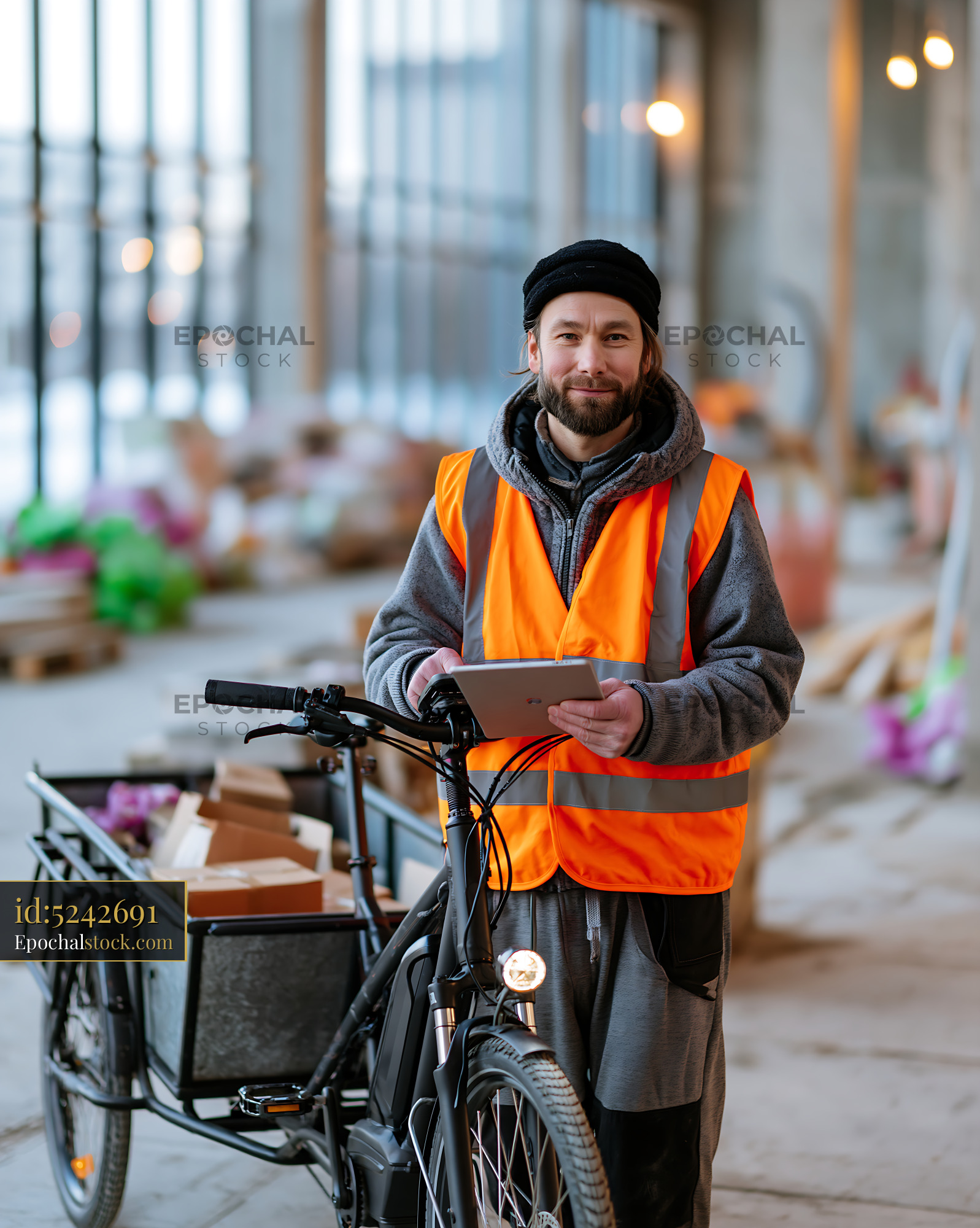 Cargo Bike Courier Wearing Winter Clothing in Warehouse Setting — stock example for comparison and decision framing