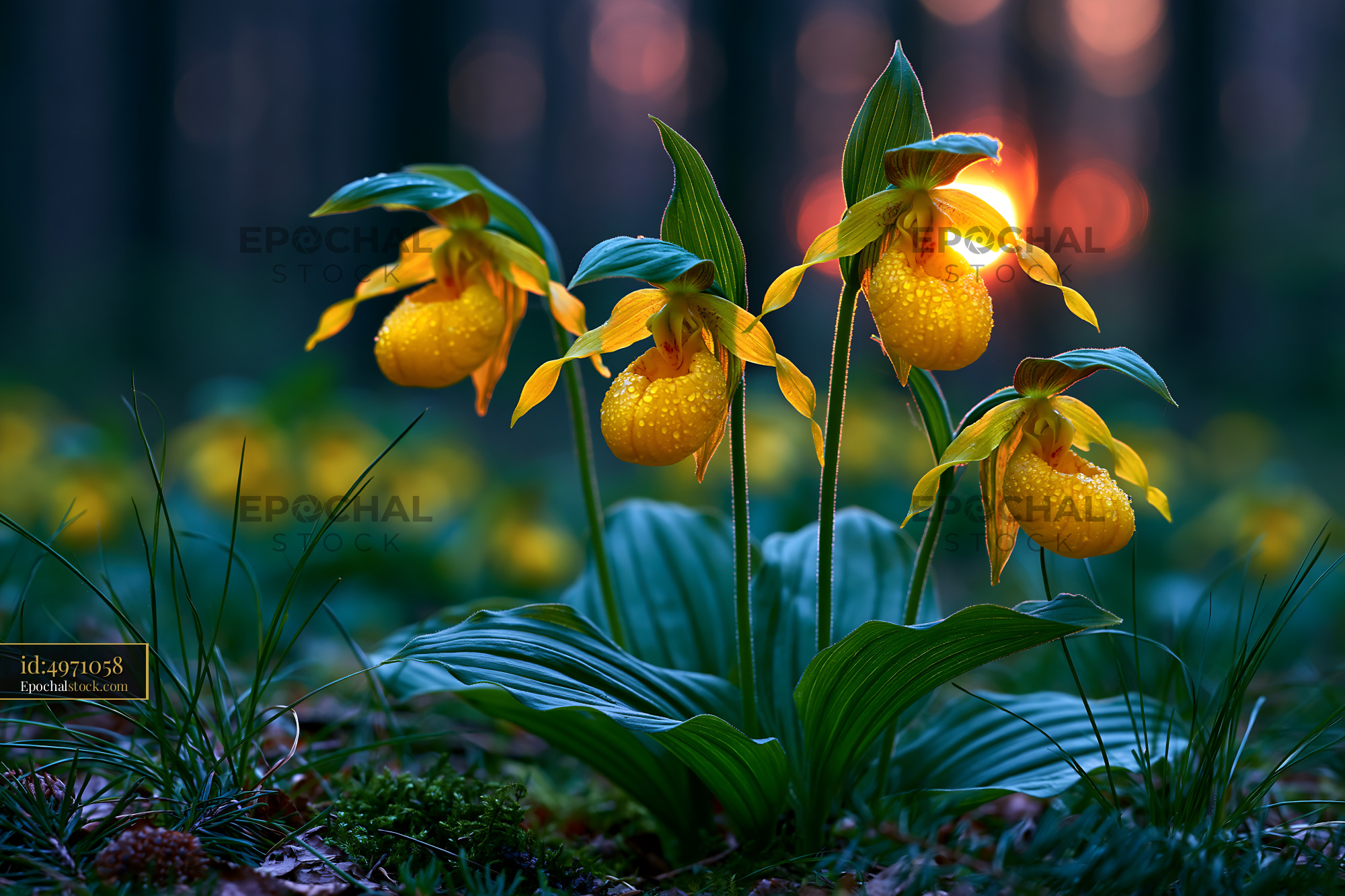 Watermarked full-resolution preview of Orchids blooming in a forest during sunset