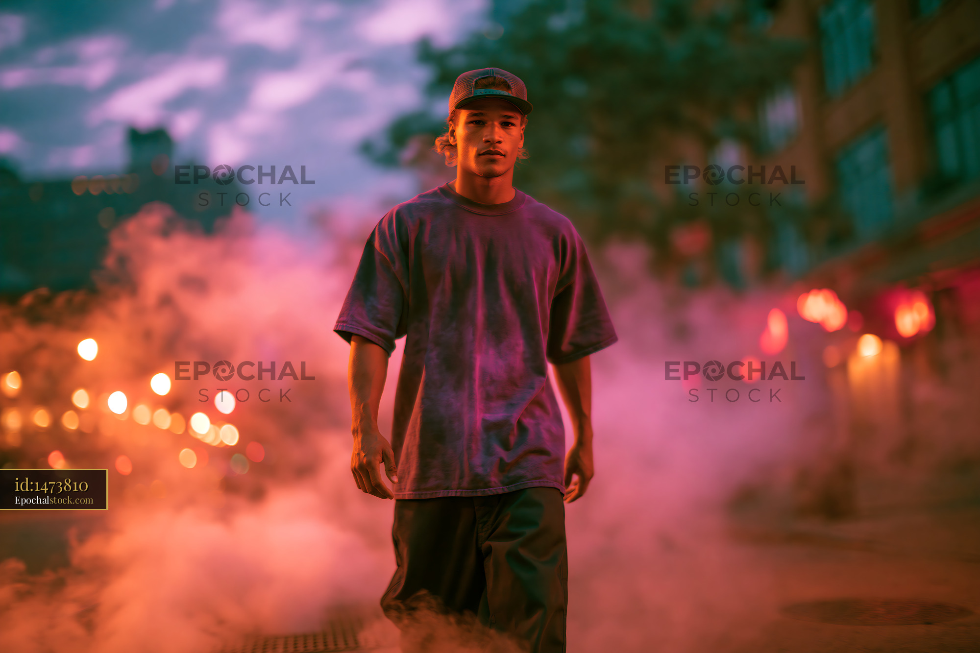 Watermarked full-resolution preview of Man walking through city street with fog at dusk