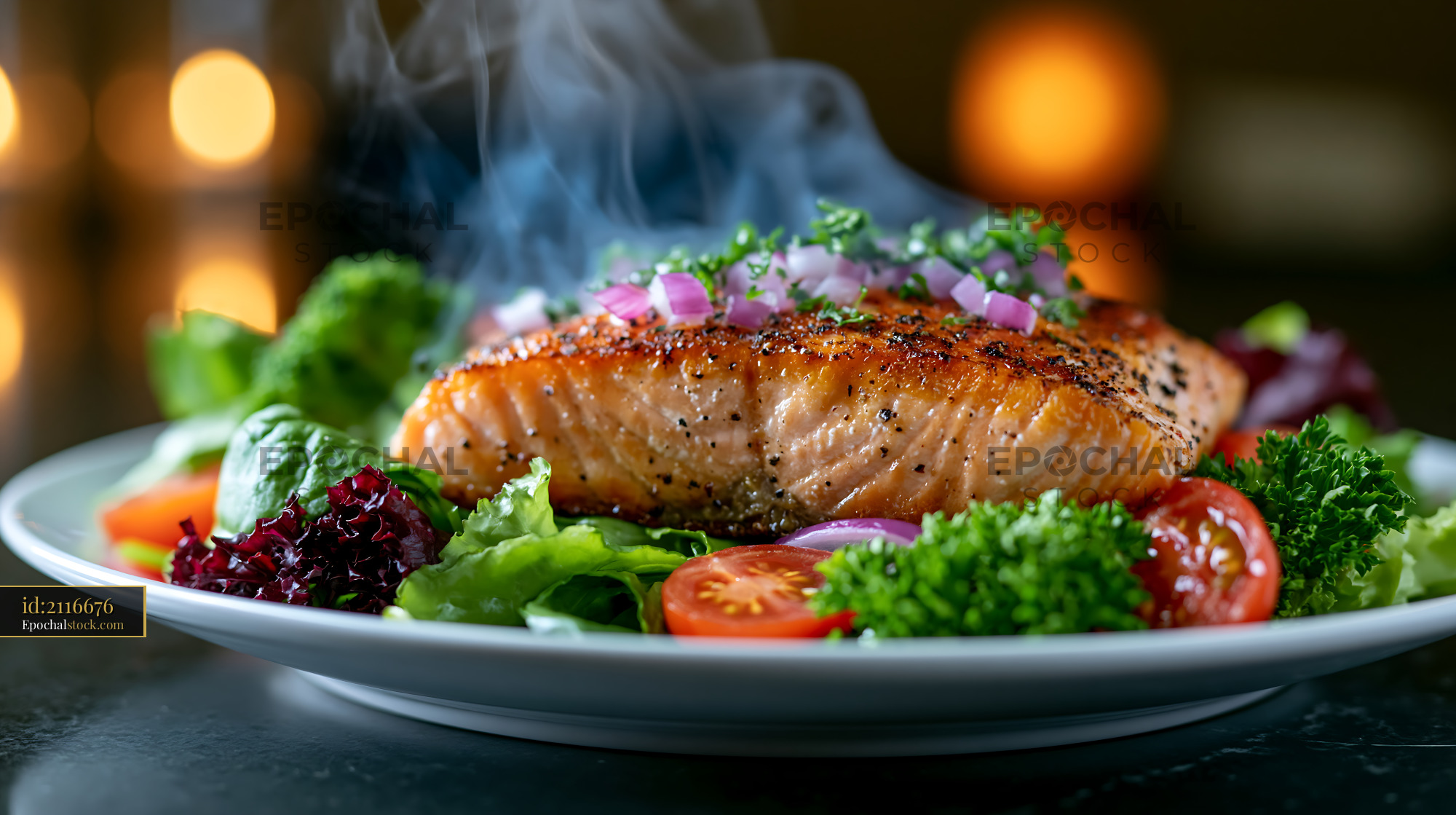 Seared Salmon Fillet on Fresh Greens With Vegetables - stock photo