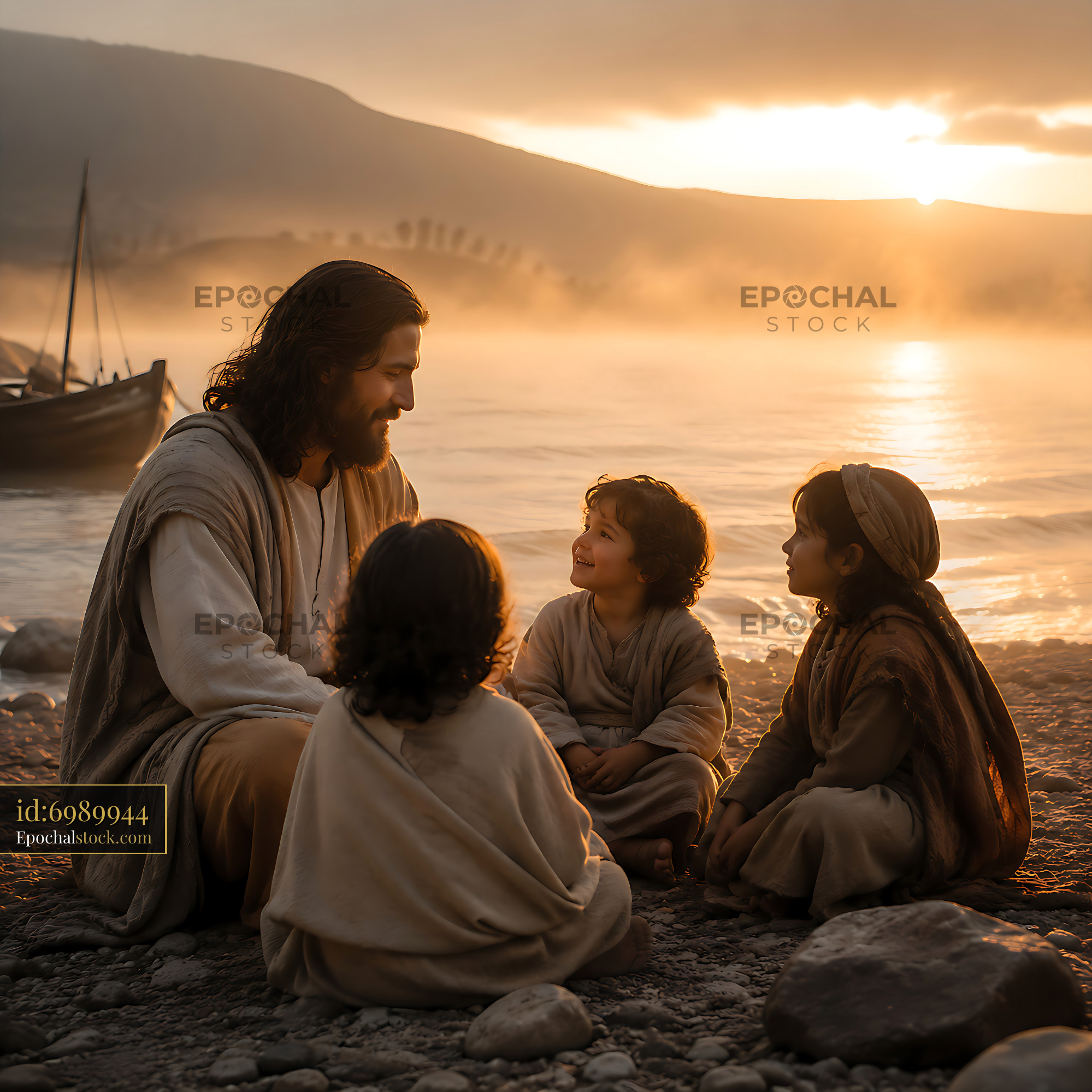 Jesus Teaching Children by the Water During Sunset Near a Boat - stock photo