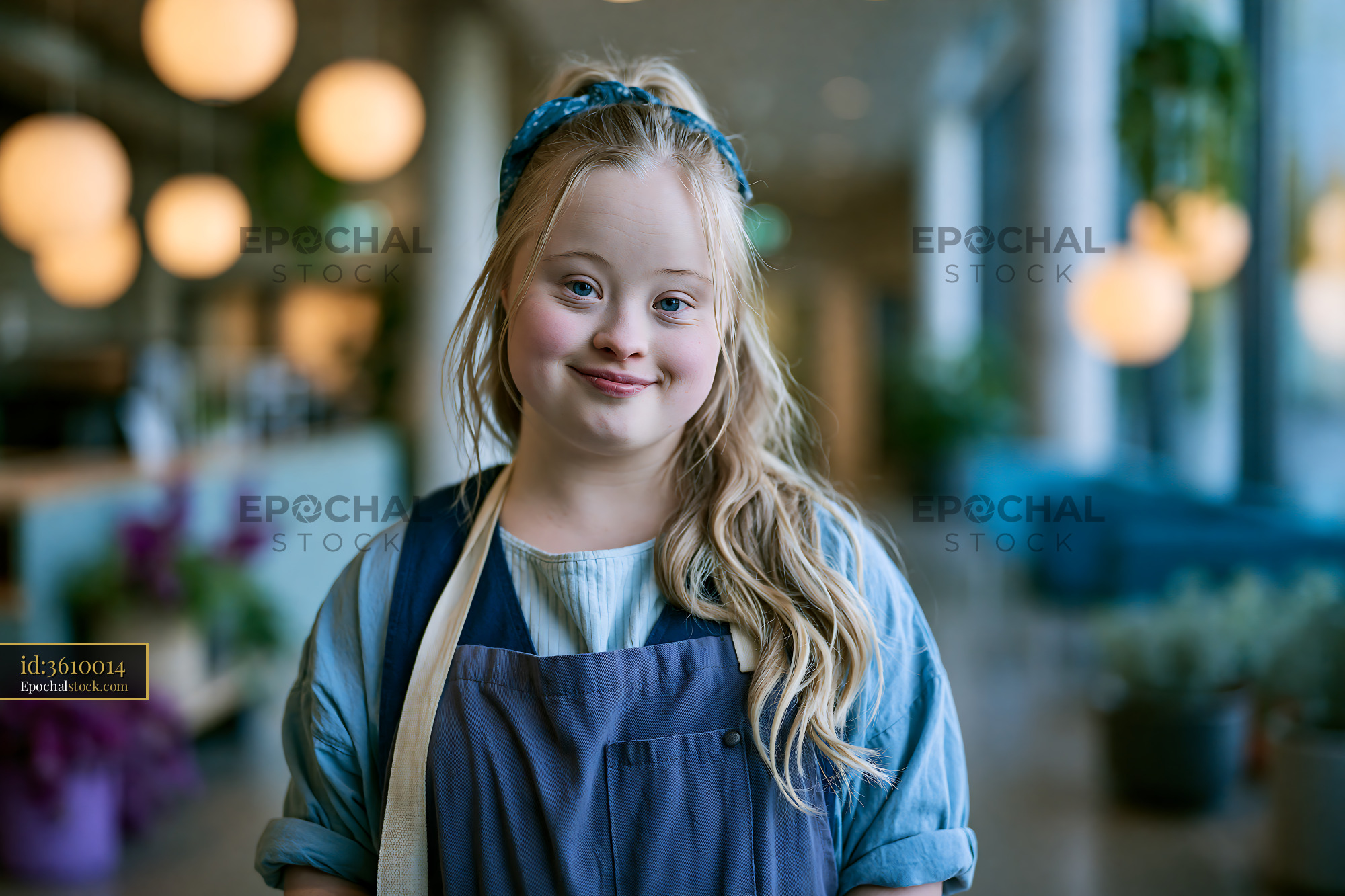 Watermarked full-resolution preview of Young girl wearing apron smiles in a bright cafe environment