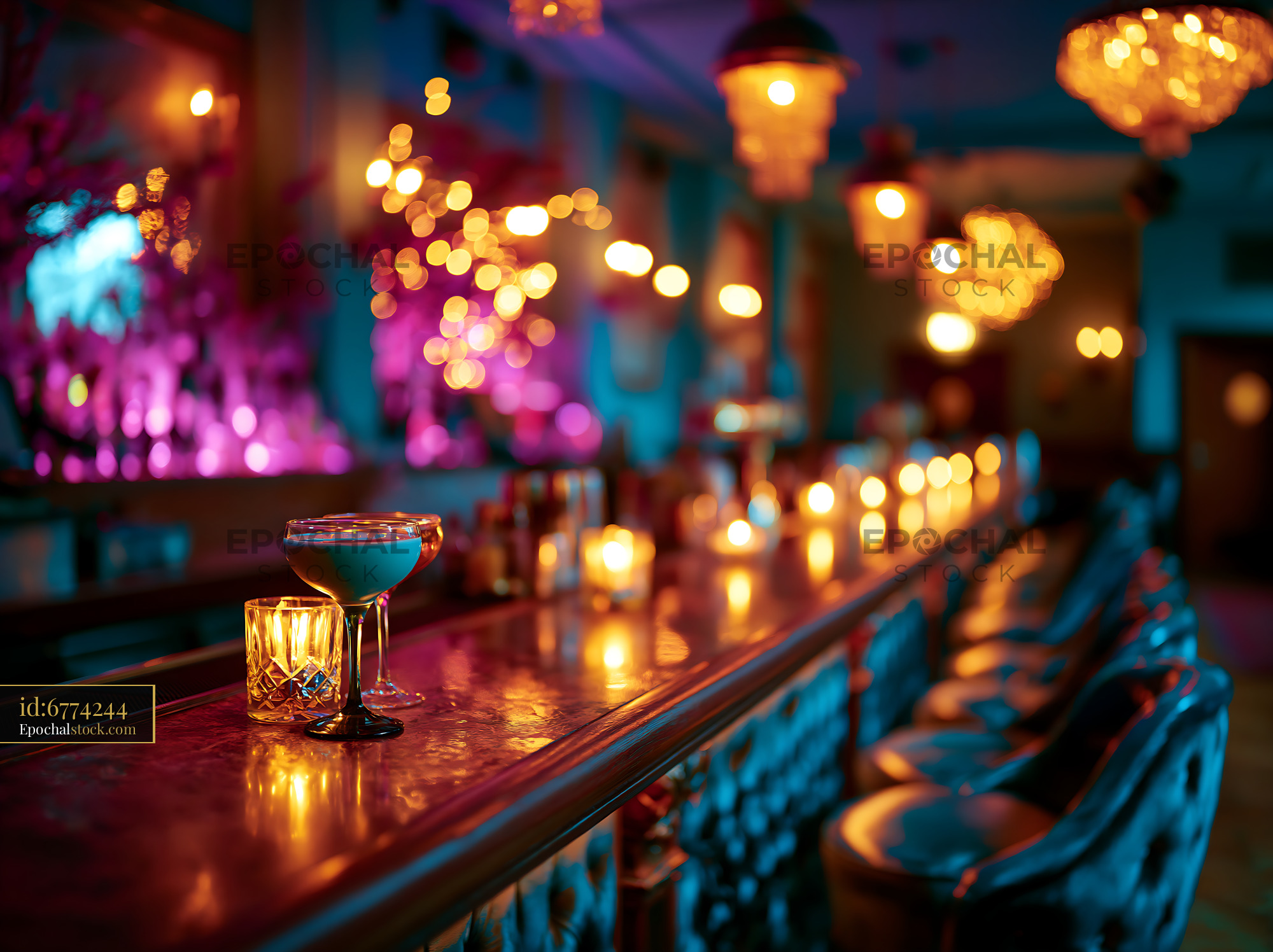 Watermarked full-resolution preview of Elegantly lit bar scene with cocktails and candles