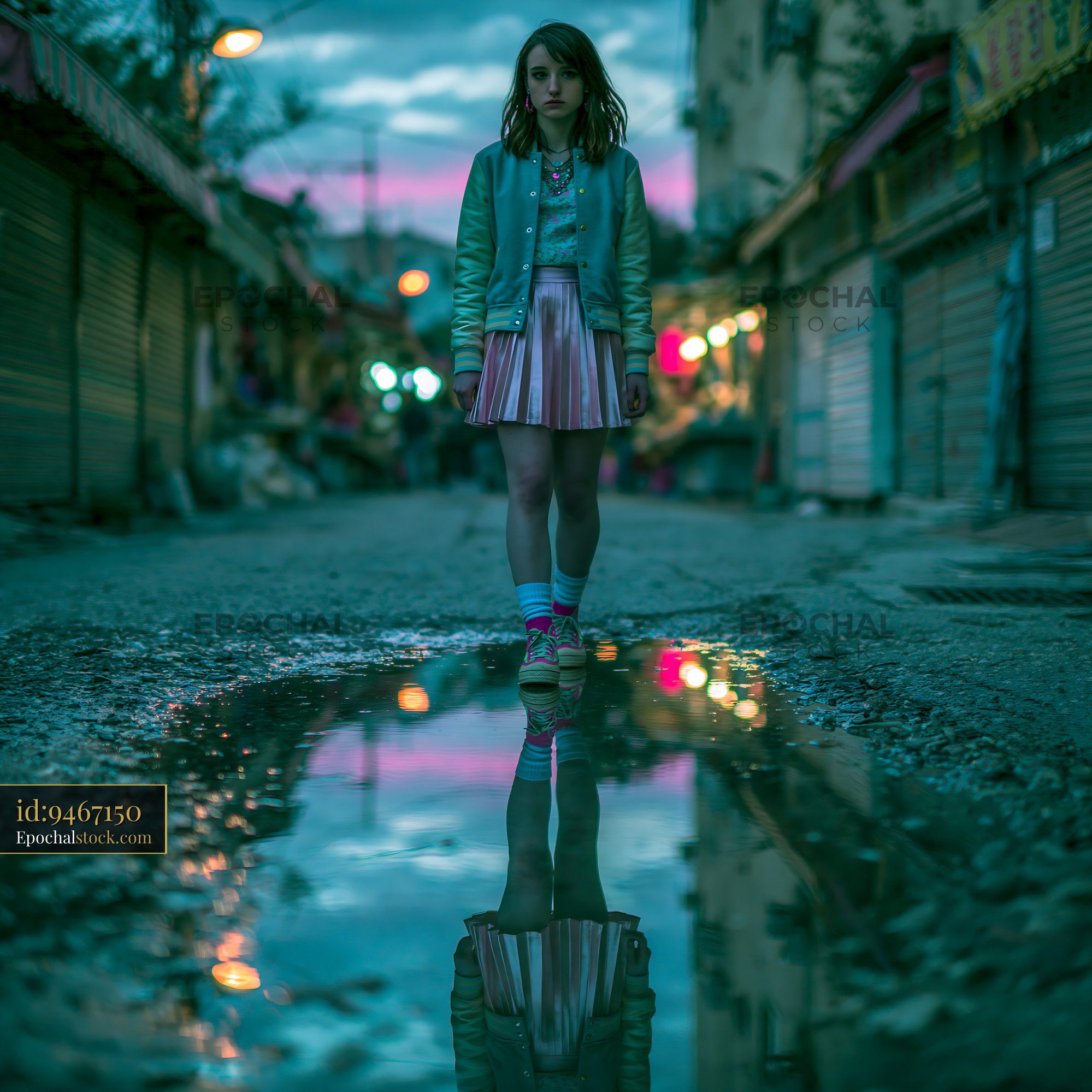 Watermarked full-resolution preview of Girl standing on a wet street reflecting lights and colors