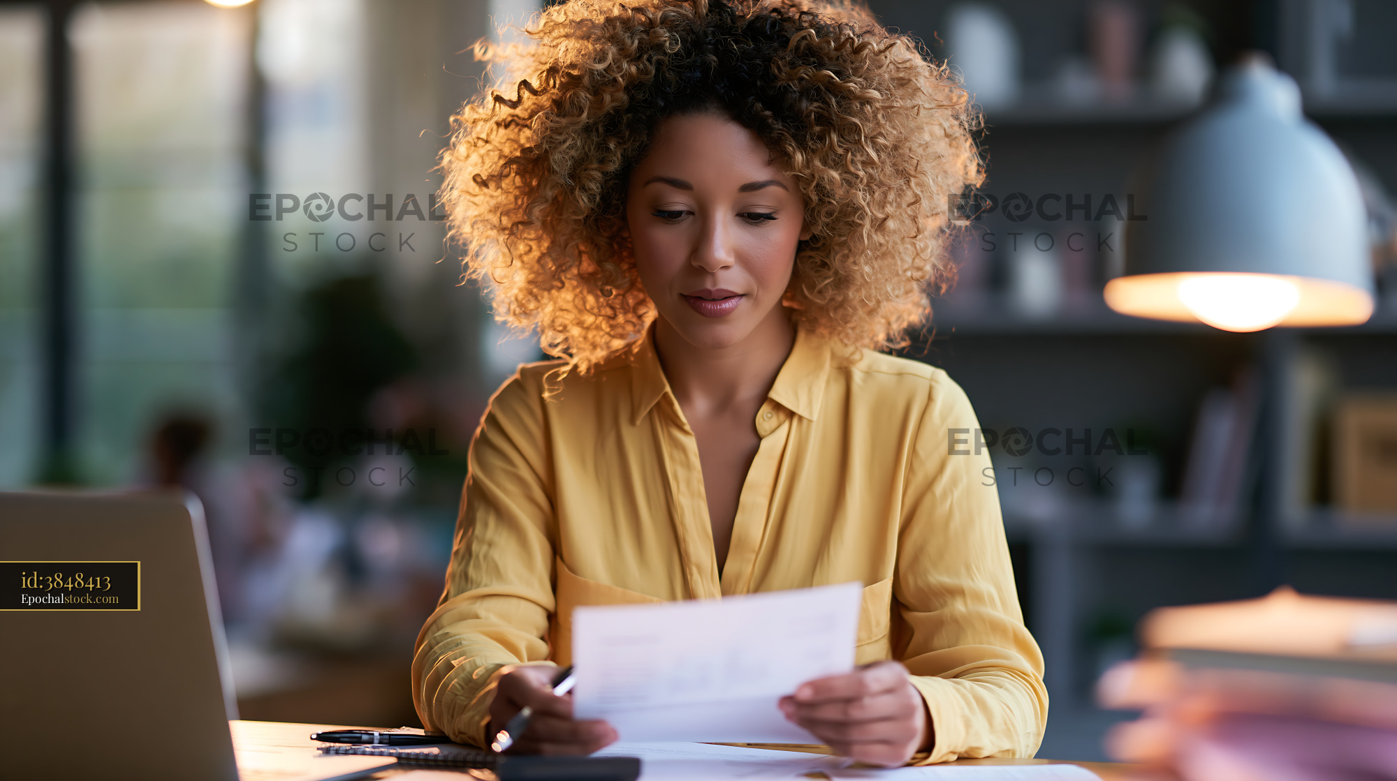 Watermarked full-resolution preview of Woman reading paperwork at a desk in a bright office space