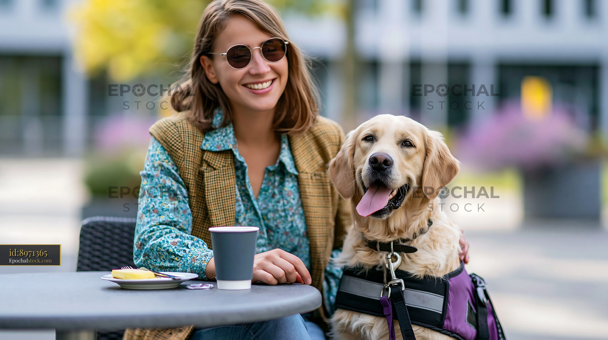 Watermarked full-resolution preview of Woman sitting at a table with dog and coffee in urban setting