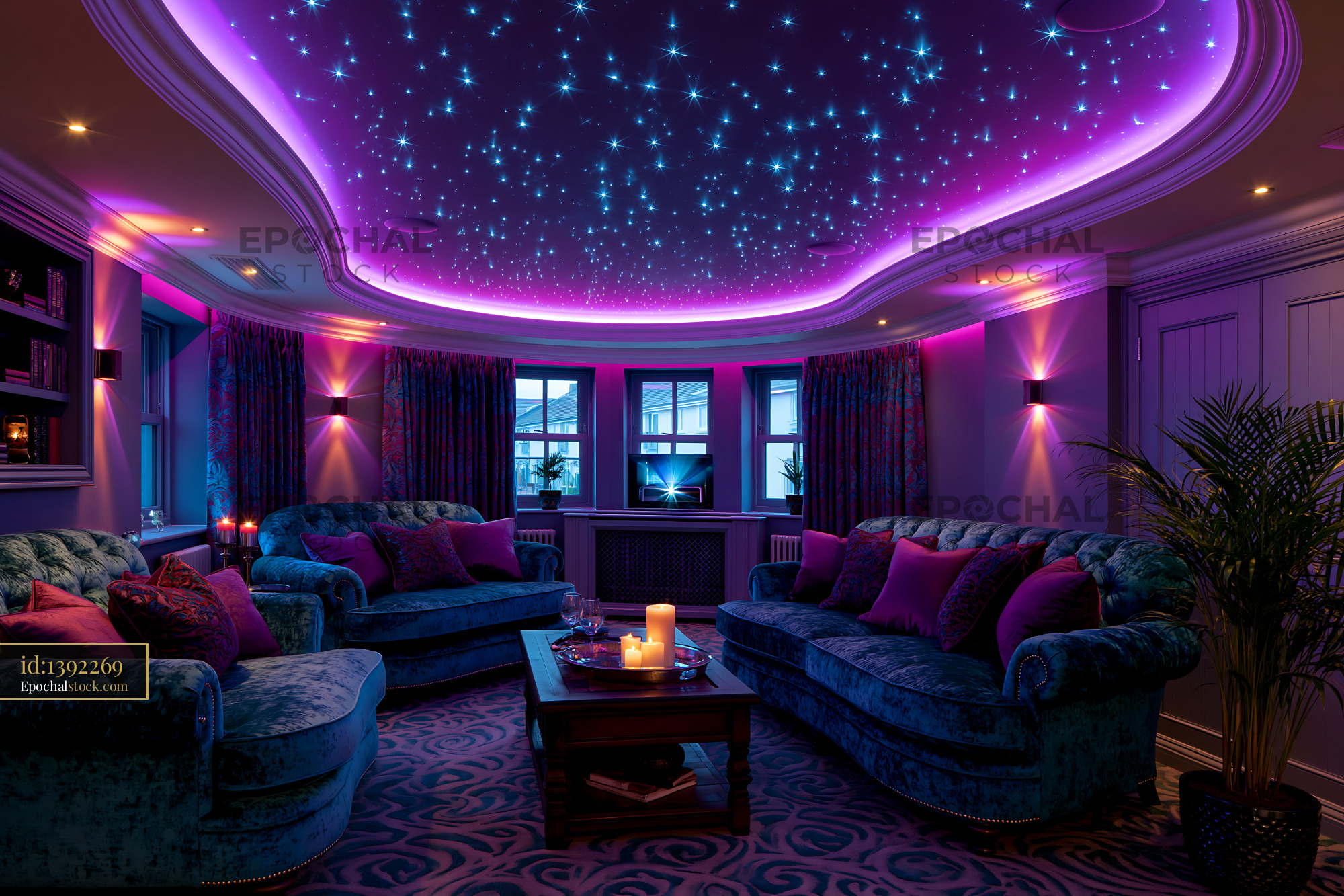 Futuristic Basement Theater With LED Lighting and Cozy Seating - stock photo