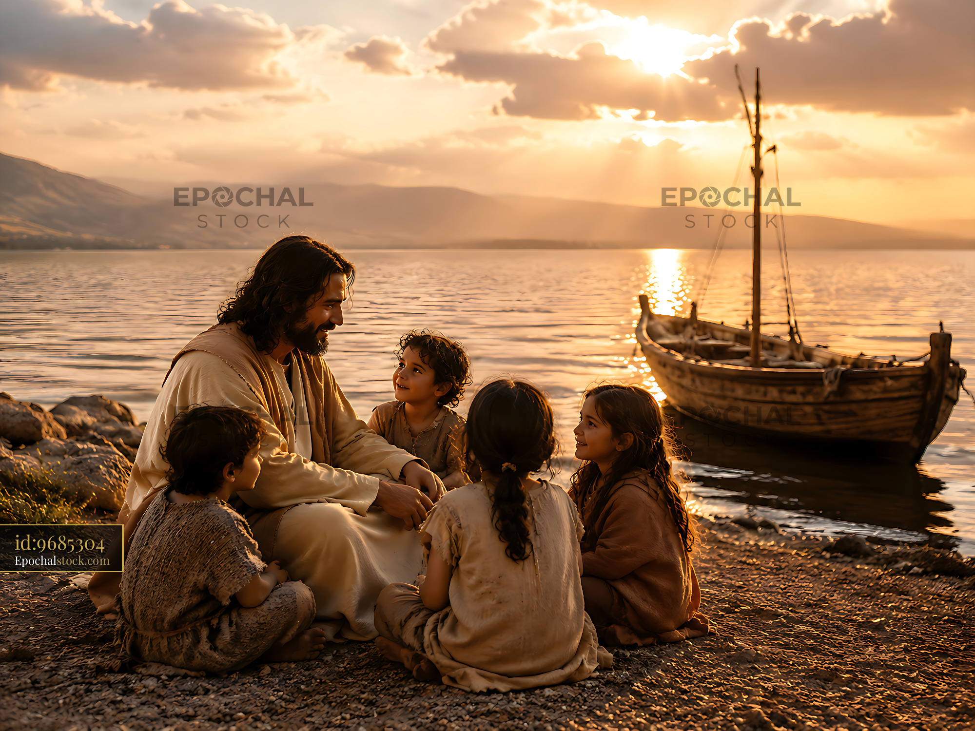 Watermarked full-resolution preview of Children learn from a teacher by the lake during sunset