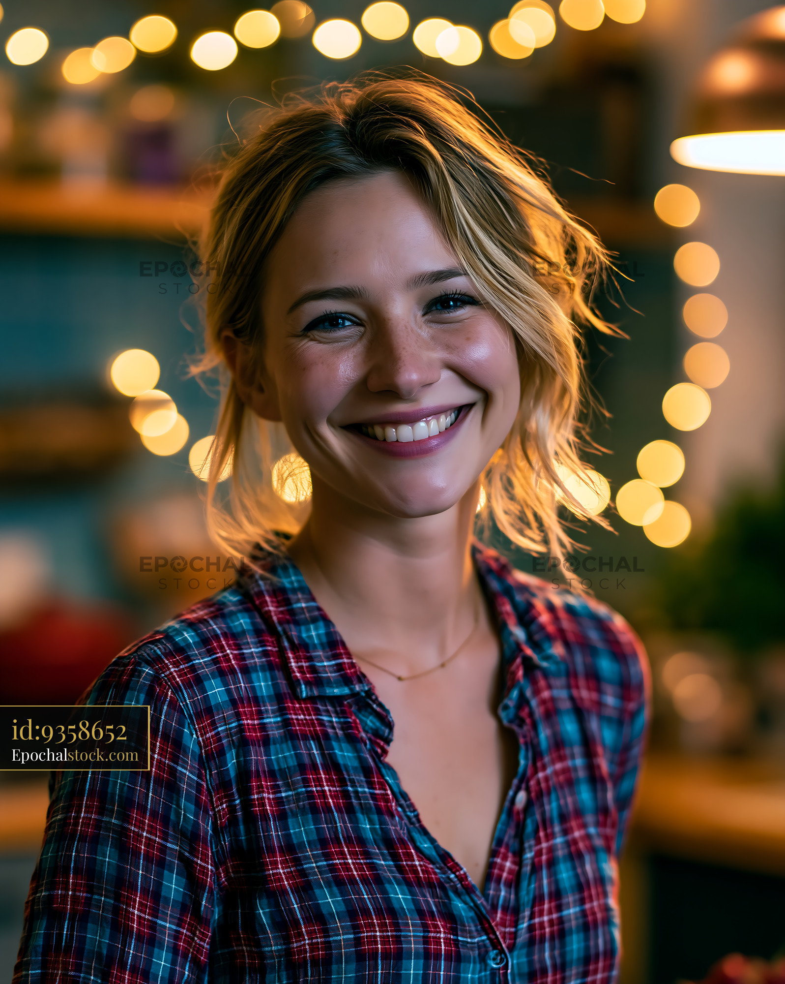 Smiling Woman With Blonde Hair in Cozy Kitchen With Lights - stock photo