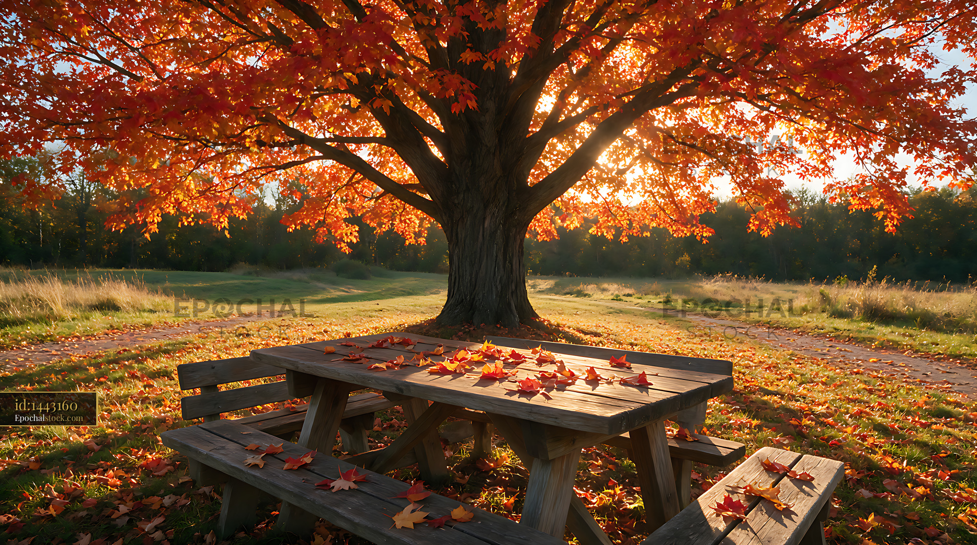Watermarked full-resolution preview of Autumn picnic table under a broad shade tree