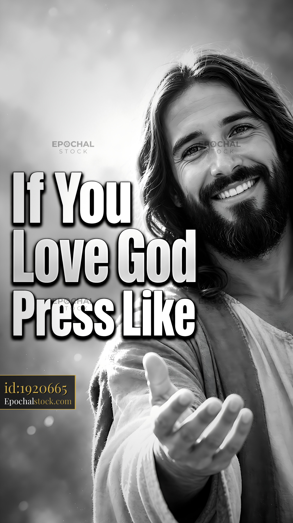 Watermarked full-resolution preview of Smiling man extending hand with text about love for God