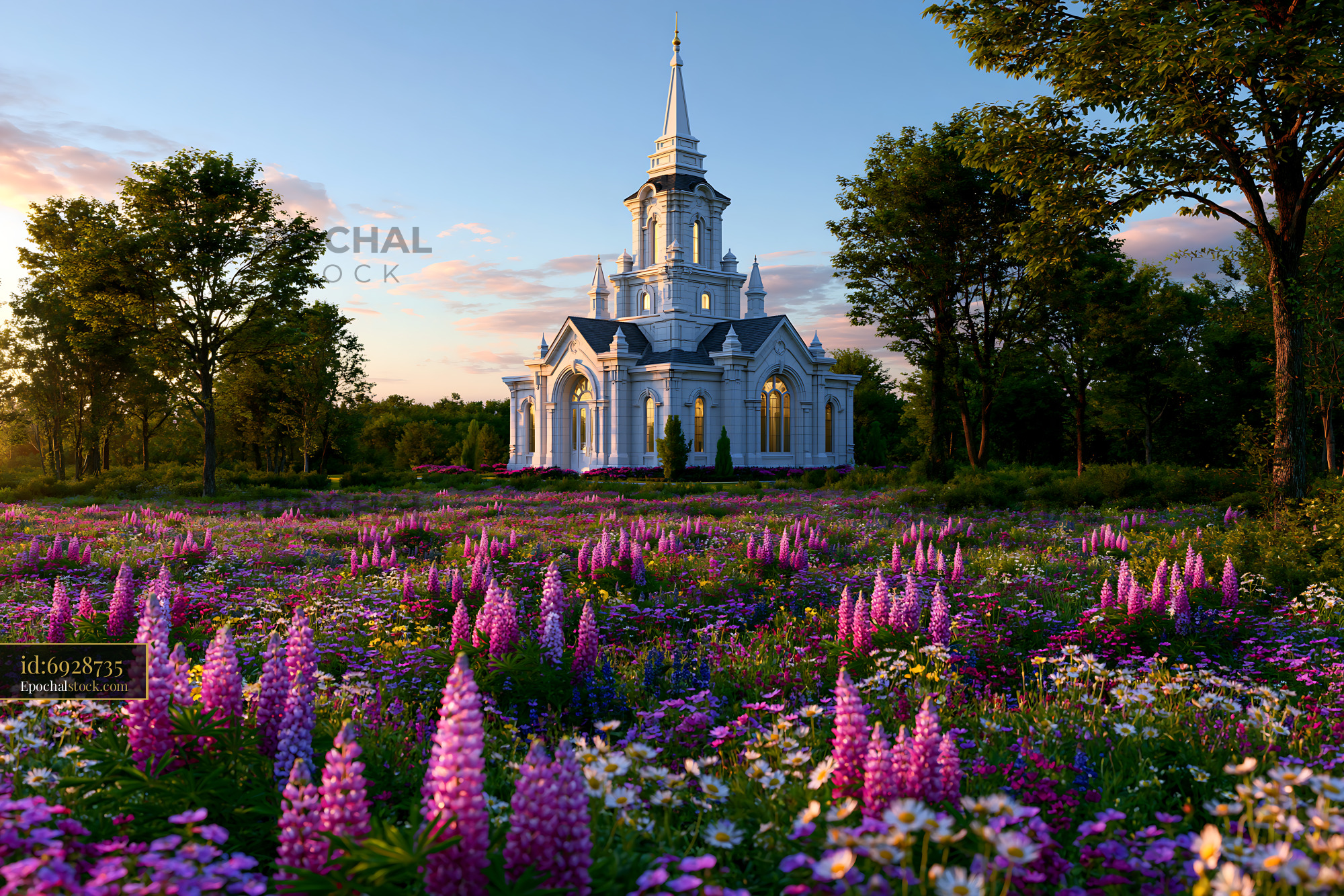 Watermarked full-resolution preview of Church surrounded by colorful flowers in a rural landscape