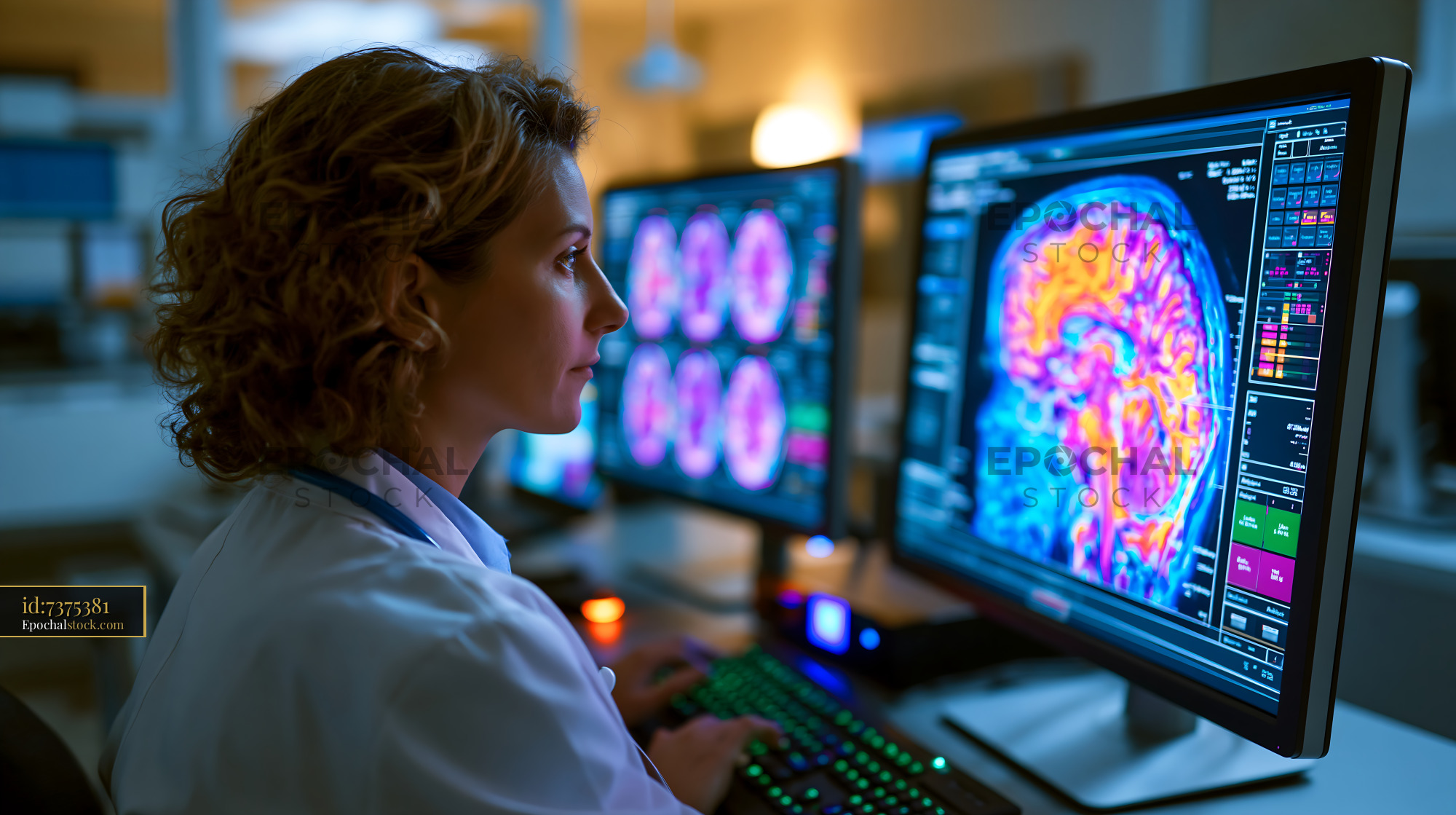 Watermarked full-resolution preview of Scientist analyzes brain scans in modern laboratory setting