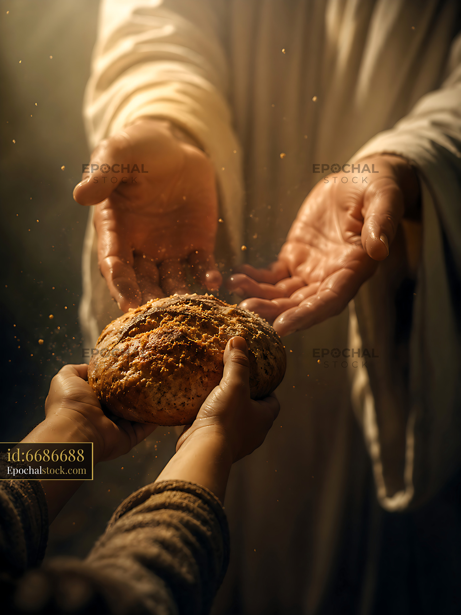 Watermarked full-resolution preview of Hands exchanging bread in a warm, dimly lit setting