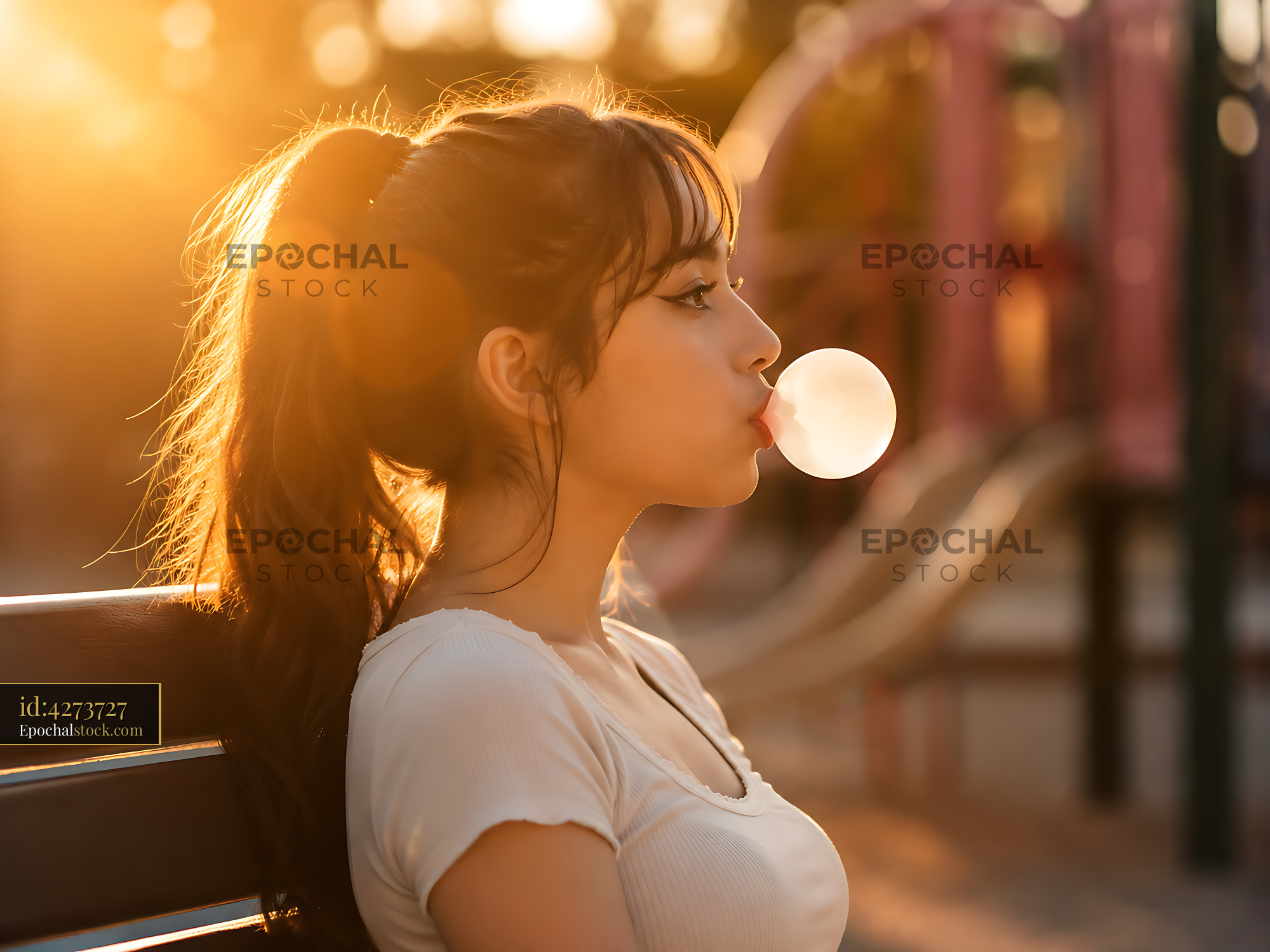 Watermarked full-resolution preview of Young woman blowing bubble gum at playground during sunset