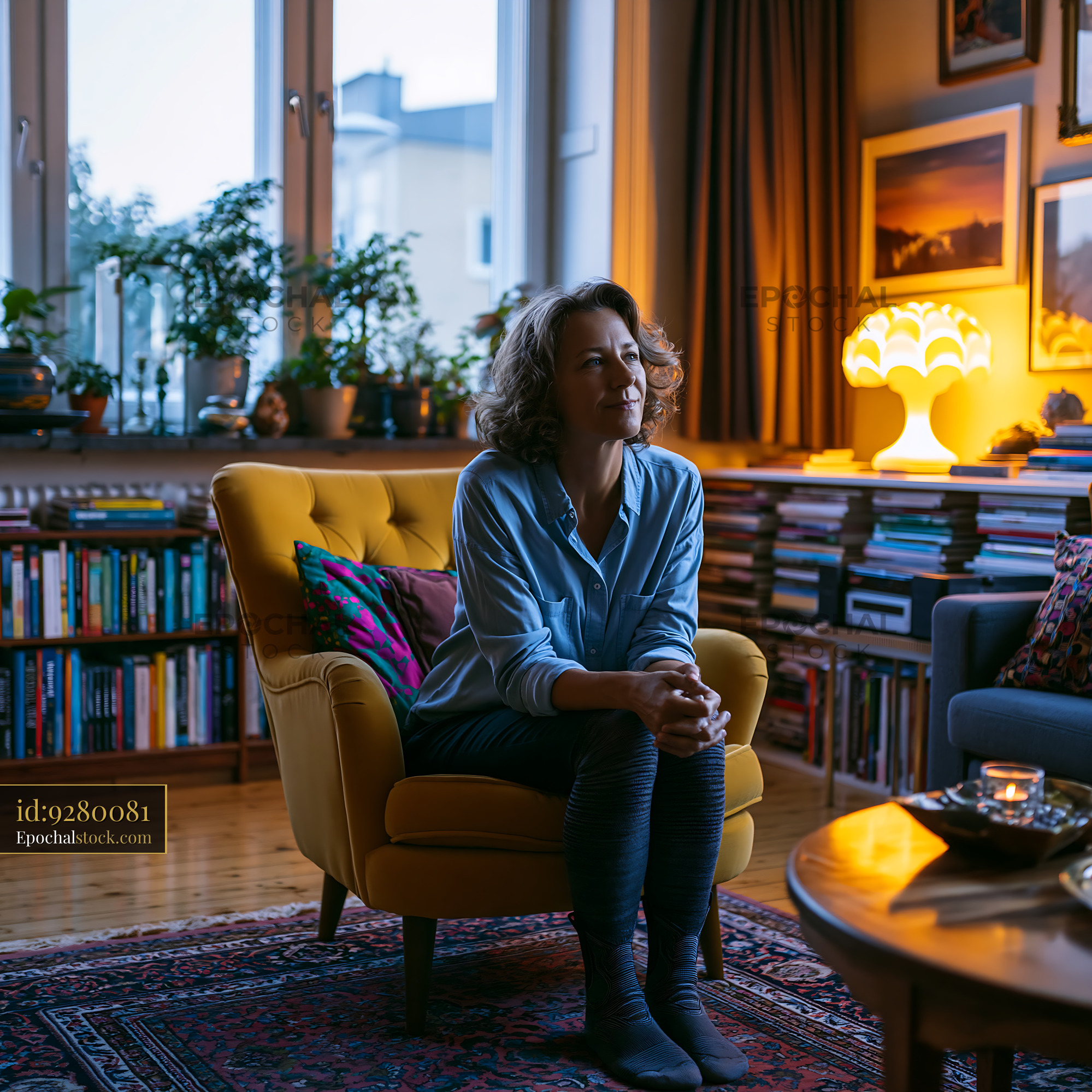 Watermarked full-resolution preview of Woman sitting in a cozy living room during evening light