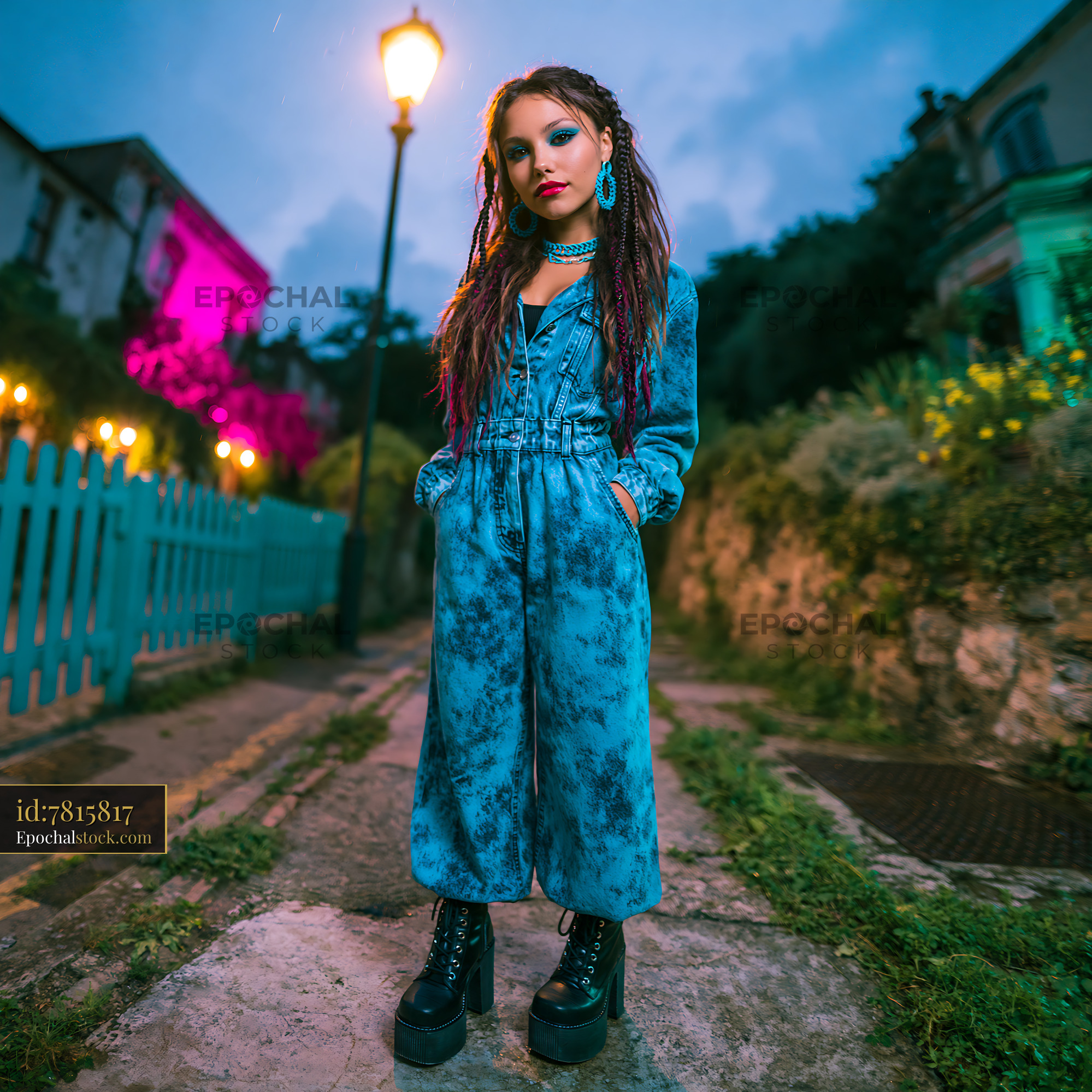 Watermarked full-resolution preview of Young person stands on a street at night under a streetlamp