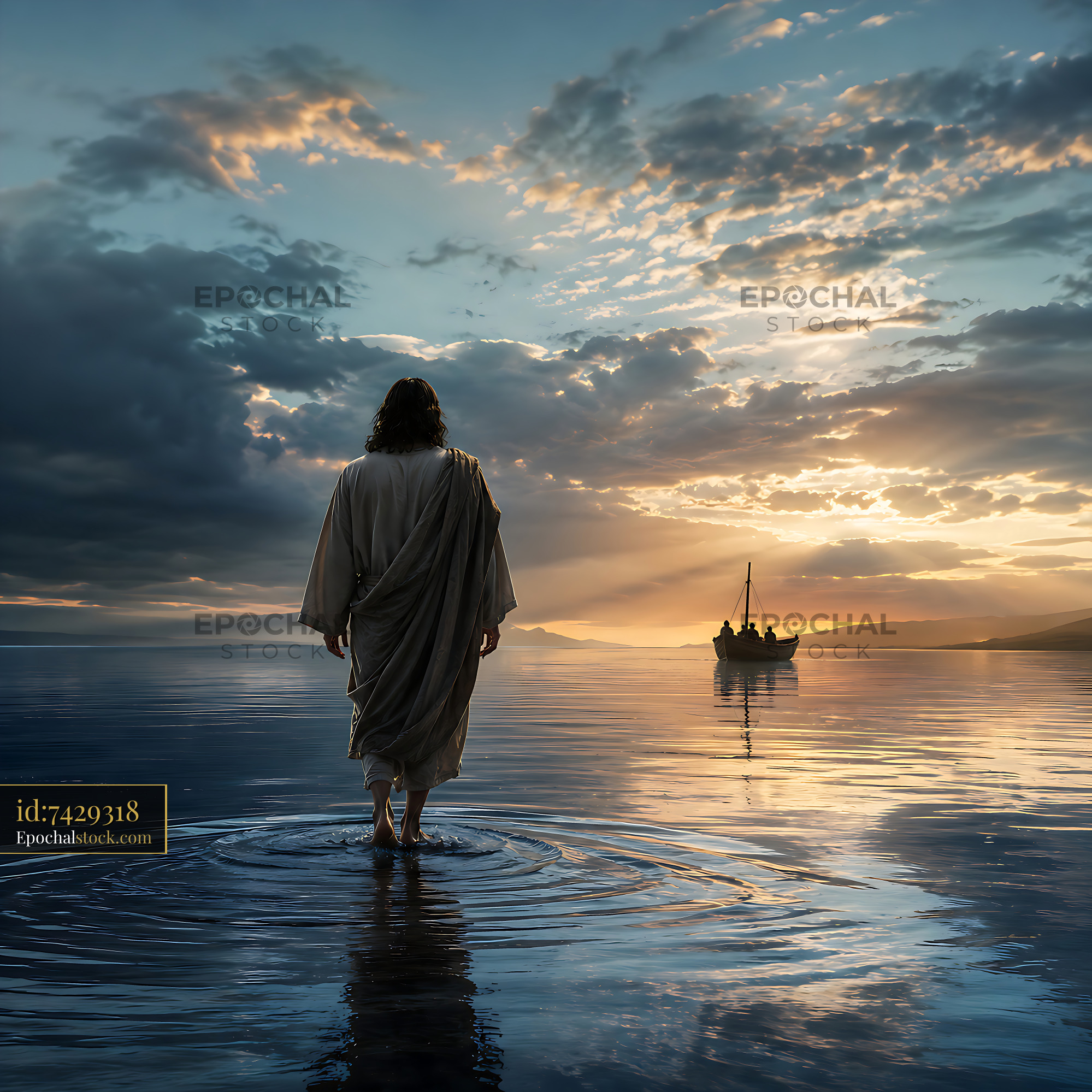 Watermarked full-resolution preview of Walking on water at sunset near a boat