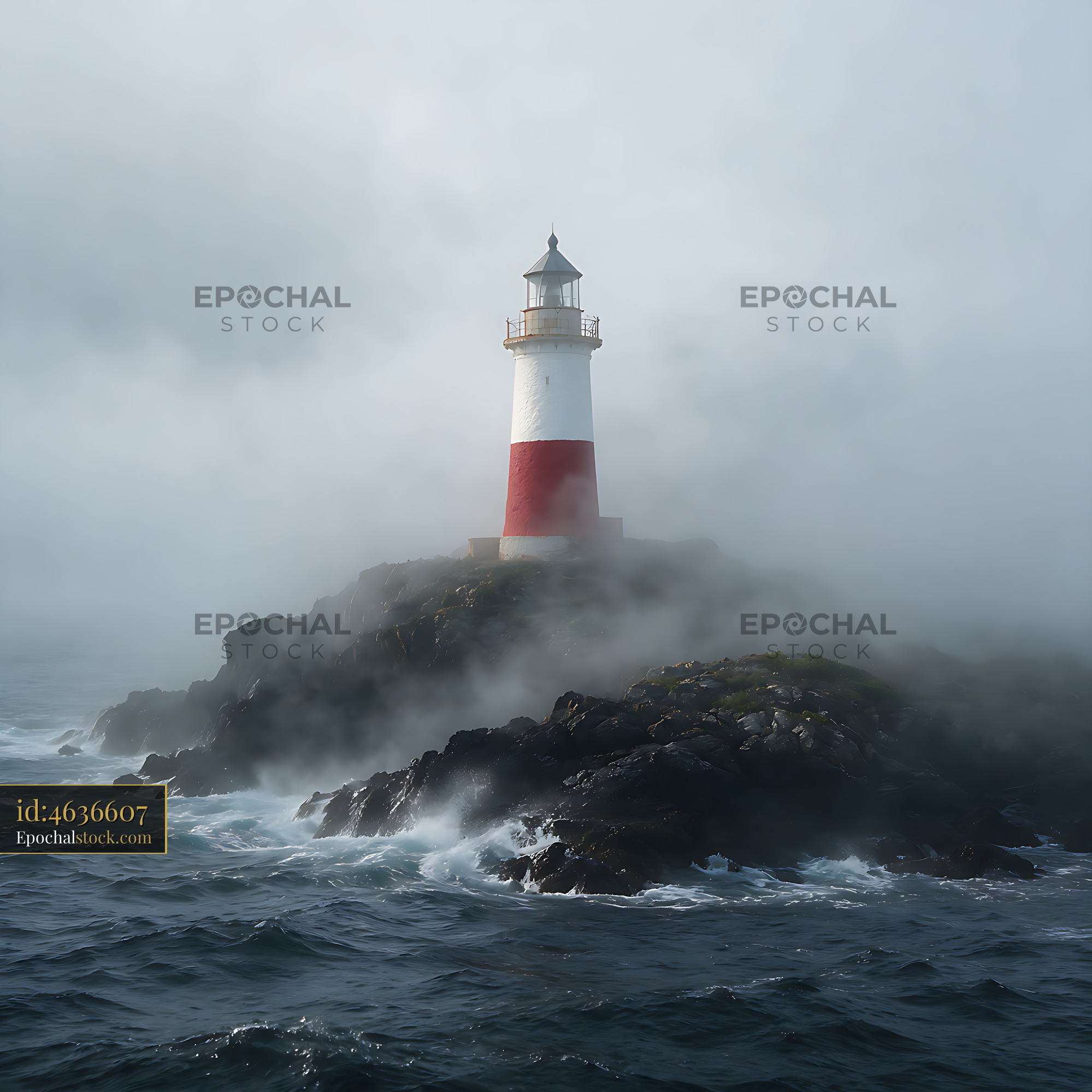 Lighthouse stands in heavy ocean fog near rocky shore - stock photo