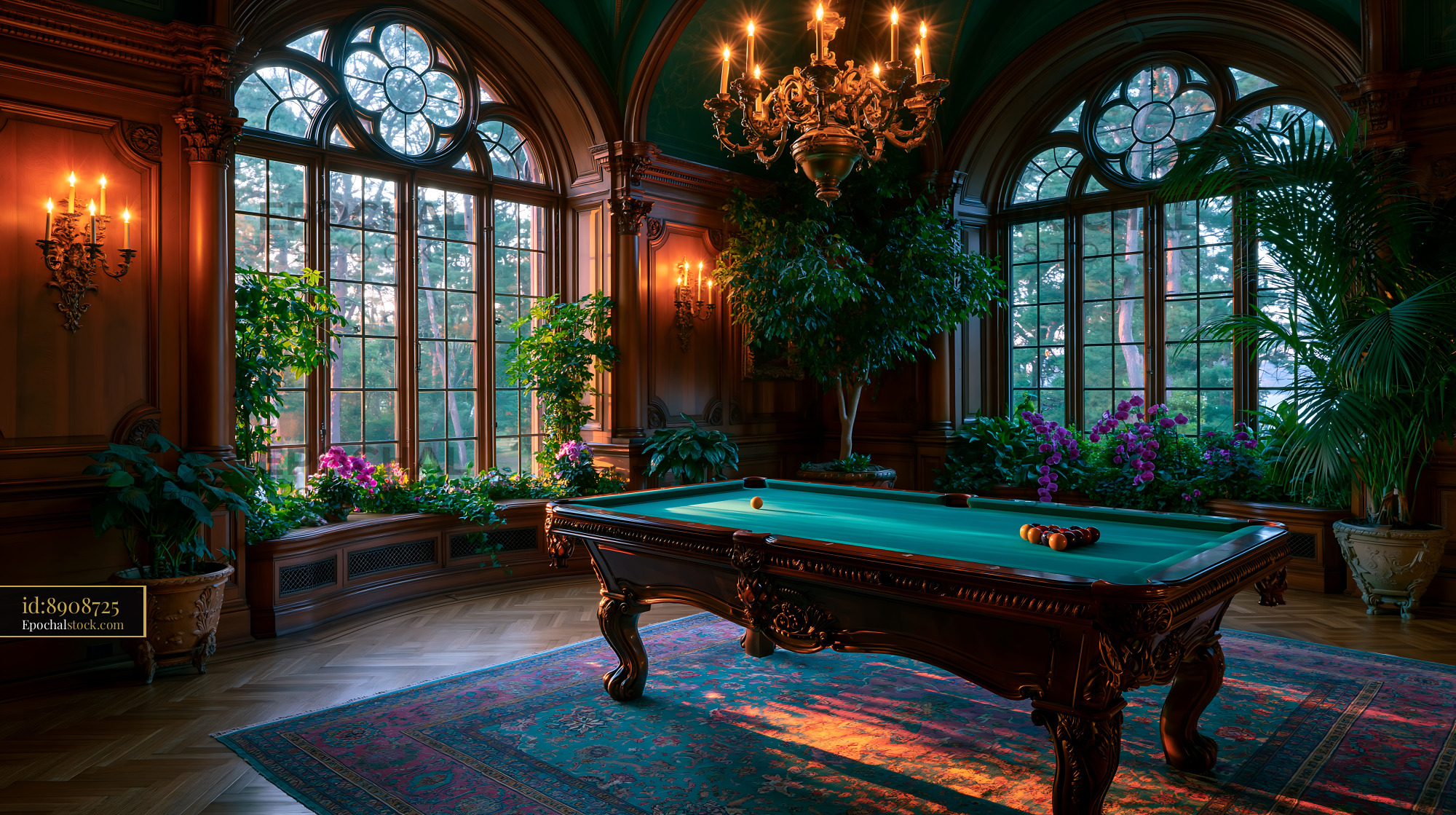 Watermarked full-resolution preview of Pool table in an elegant room with large windows and plants