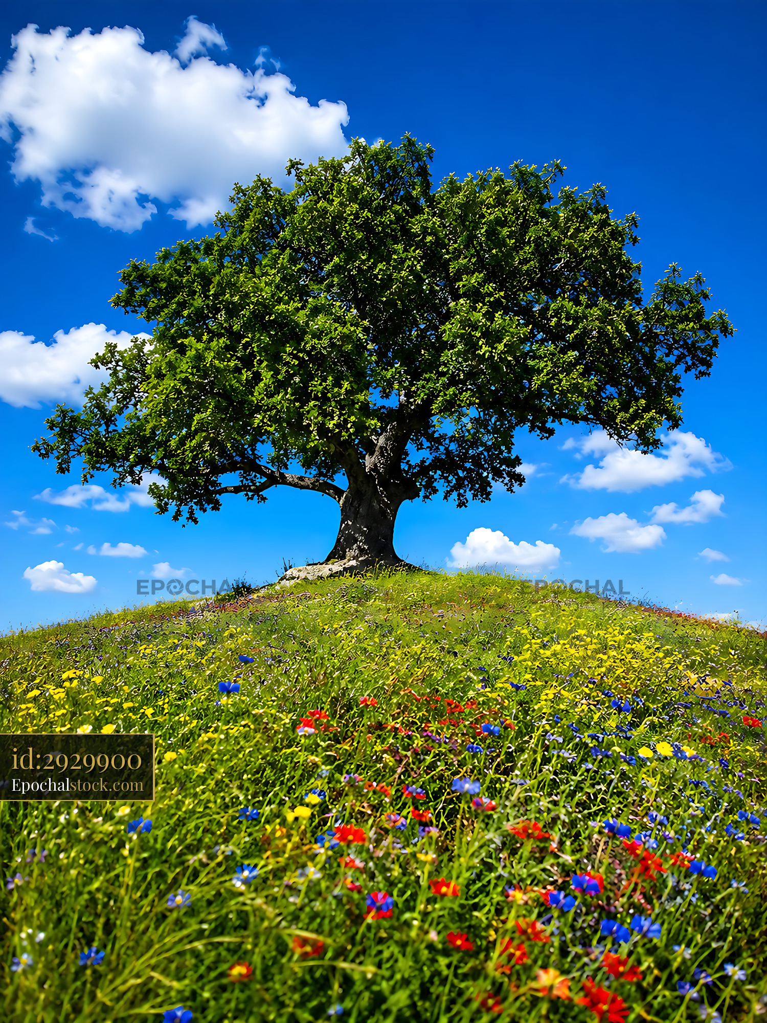 Watermarked full-resolution preview of Large tree on a grassy hill with colorful flowers under blue sky