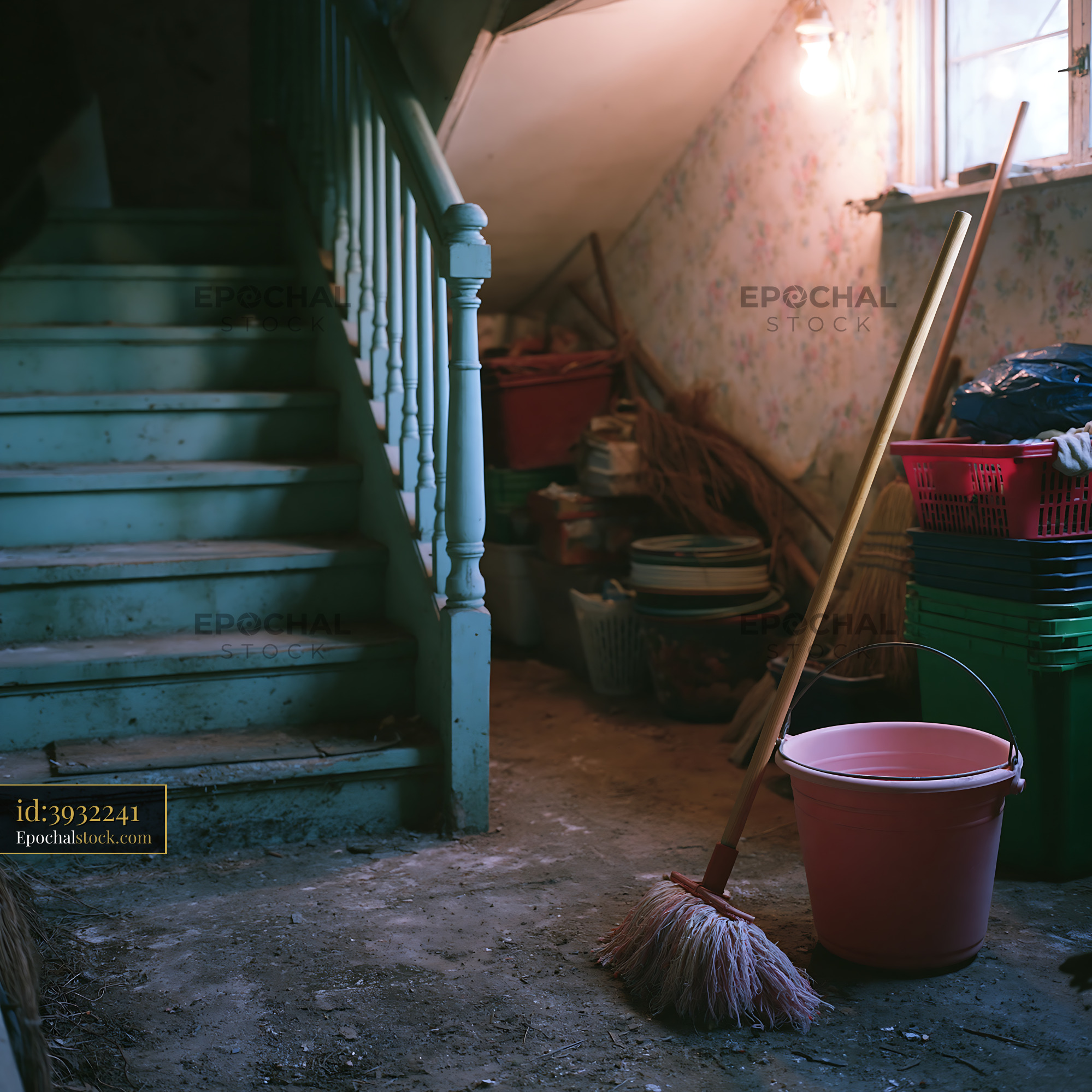 Watermarked full-resolution preview of Dusty stairway with cleaning tools in a cluttered setting
