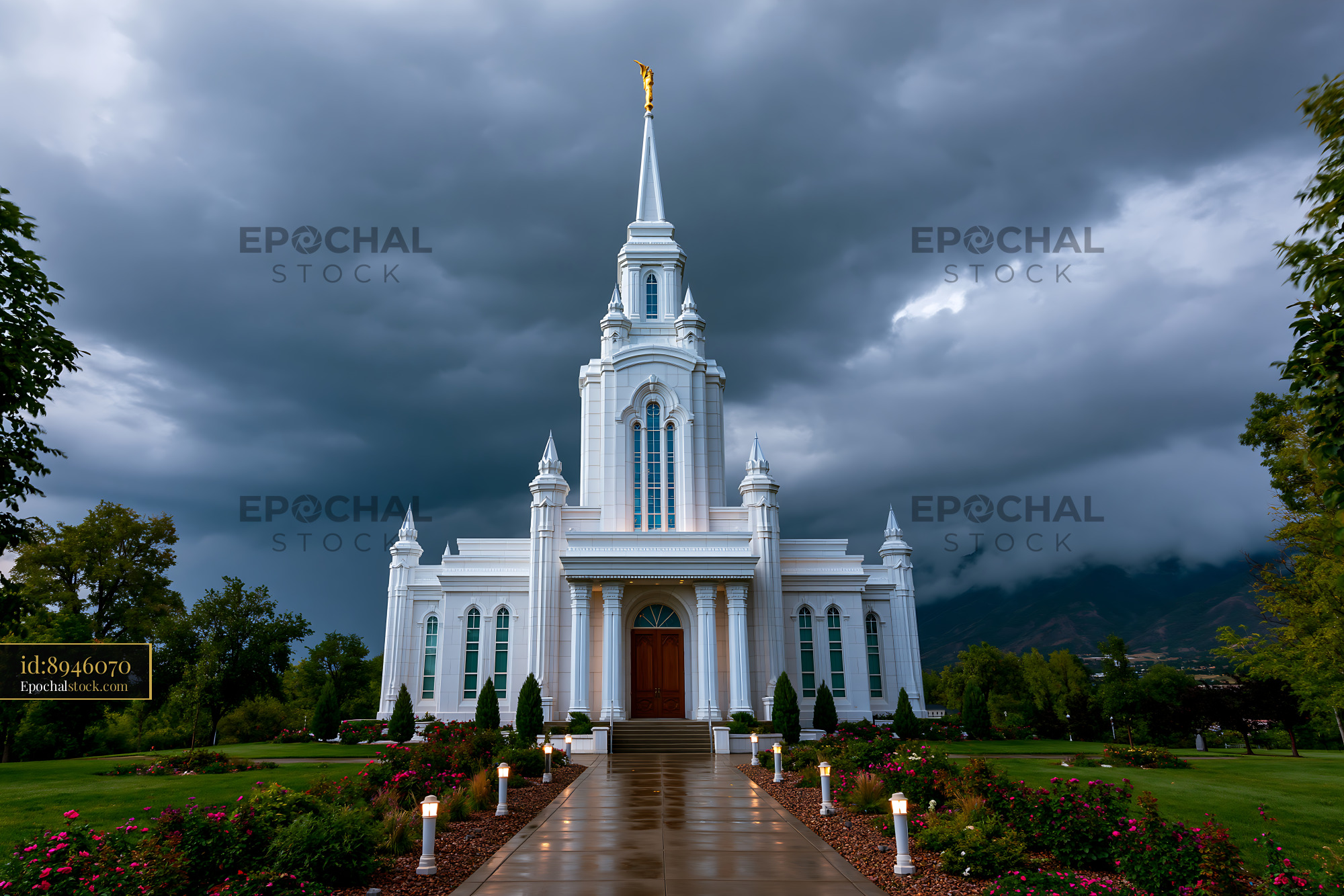 Watermarked full-resolution preview of Majestic white church under dark stormy sky