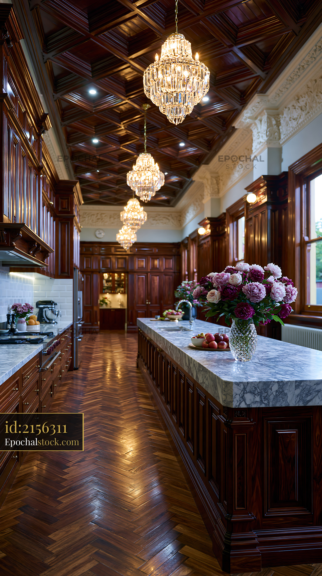 Watermarked full-resolution preview of Elegant kitchen with wooden cabinets and chandeliers