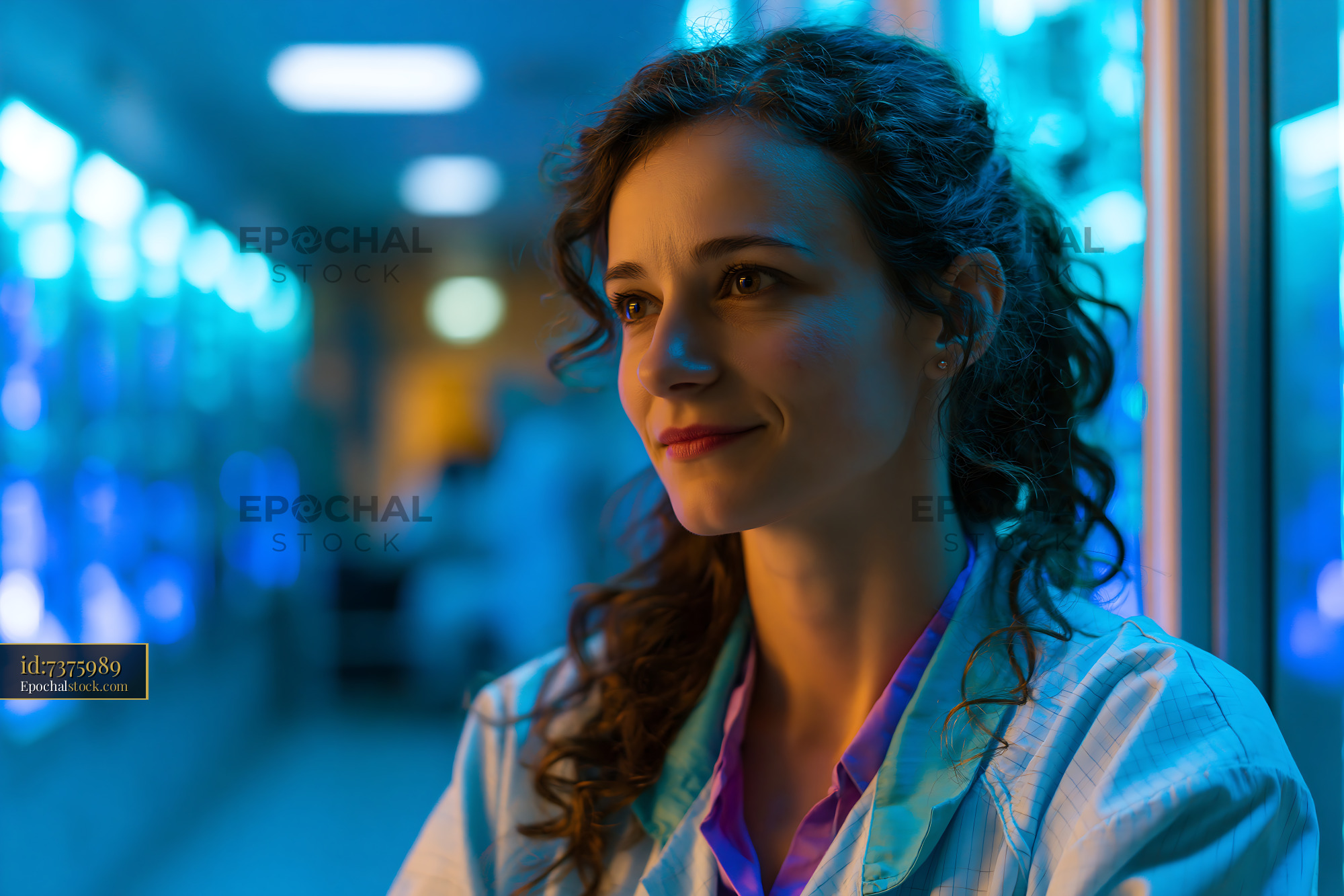 Watermarked full-resolution preview of Woman in medical attire in illuminated hospital area
