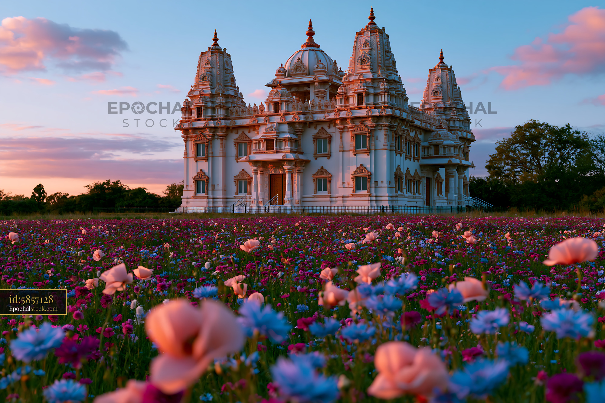 Watermarked full-resolution preview of Temple surrounded by flowers at sunset in a quiet field
