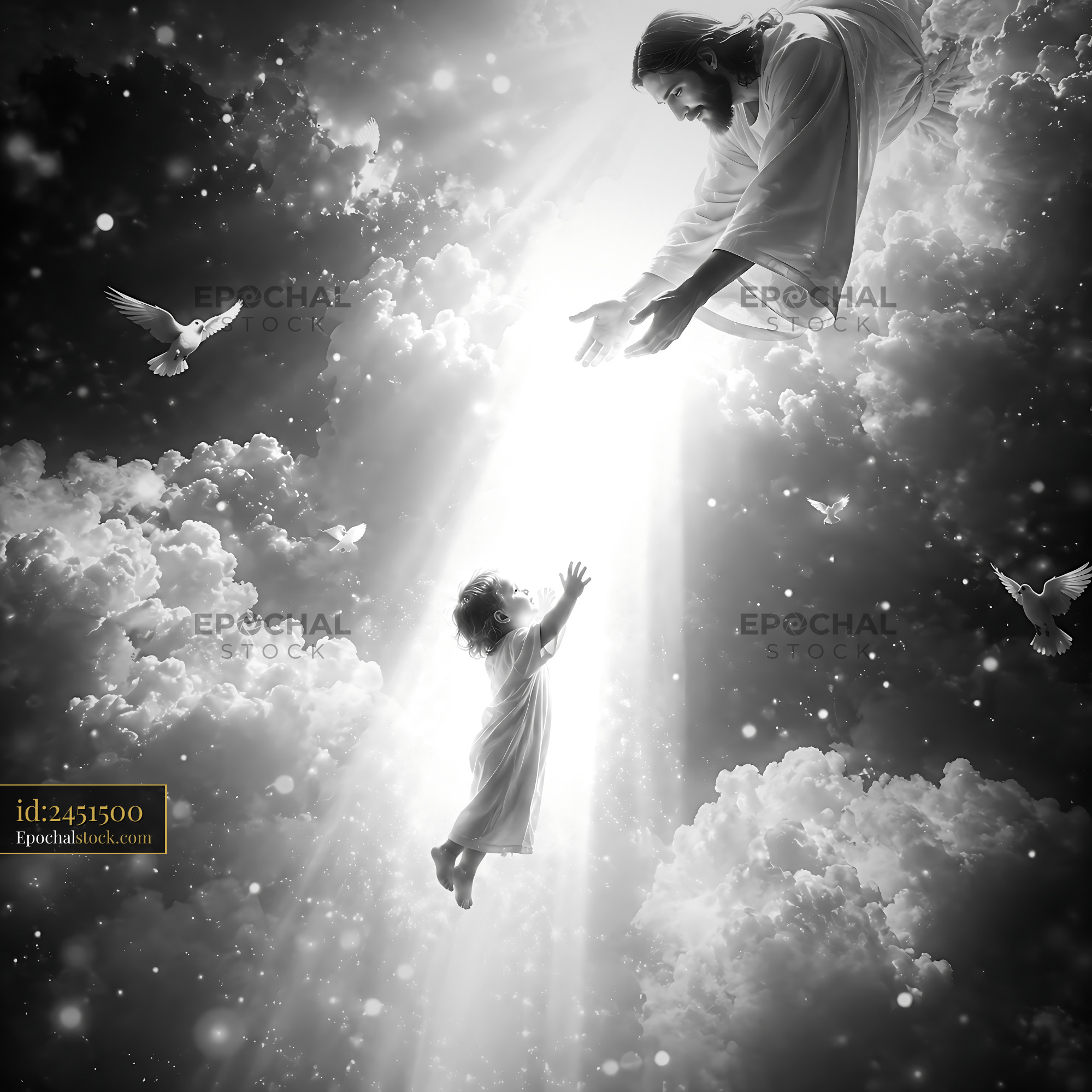 Watermarked full-resolution preview of Heavenly scene of reaching hands and doves in a bright sky