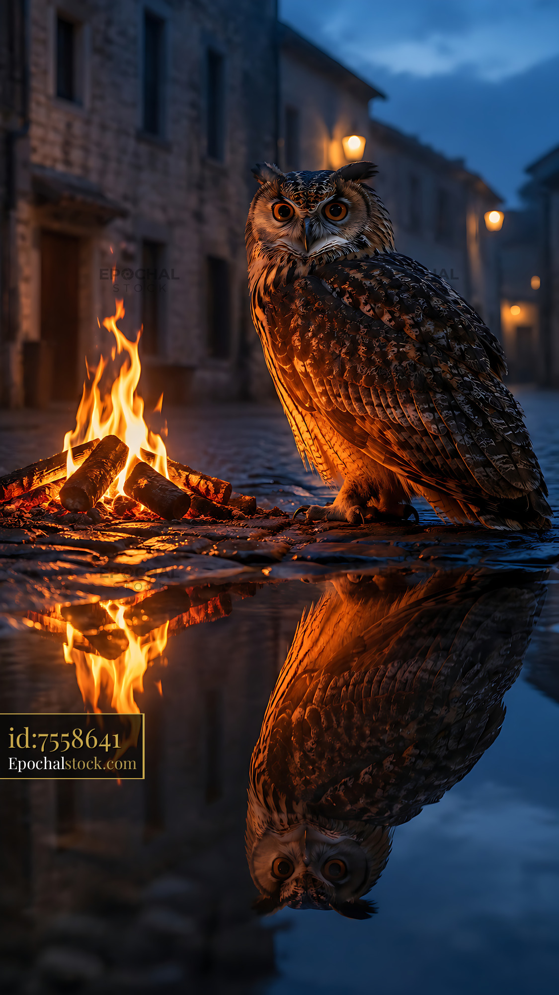Watermarked full-resolution preview of Owl stands near a fire reflecting on the cobblestone street