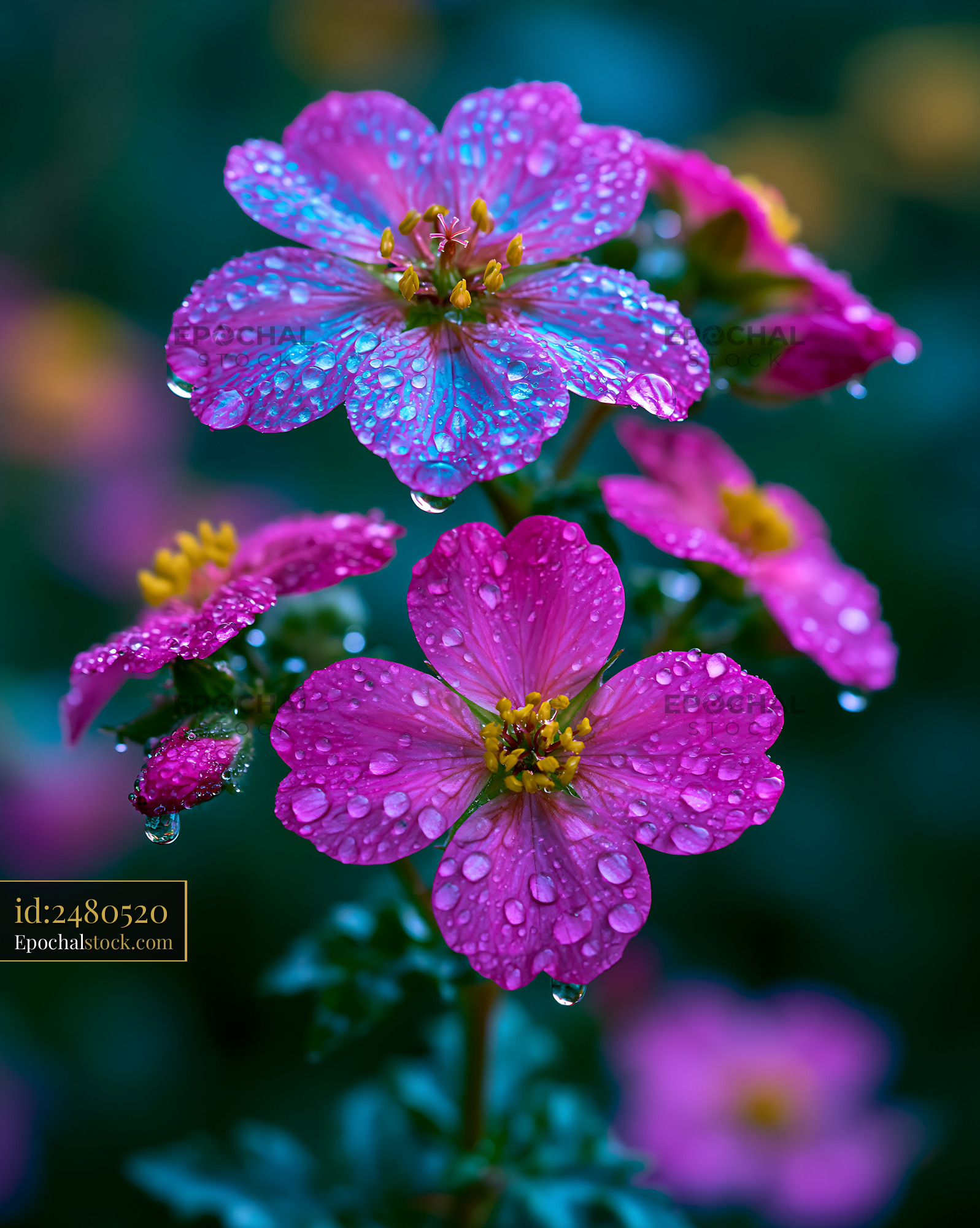 Watermarked full-resolution preview of Pink flowers with raindrops in a garden setting