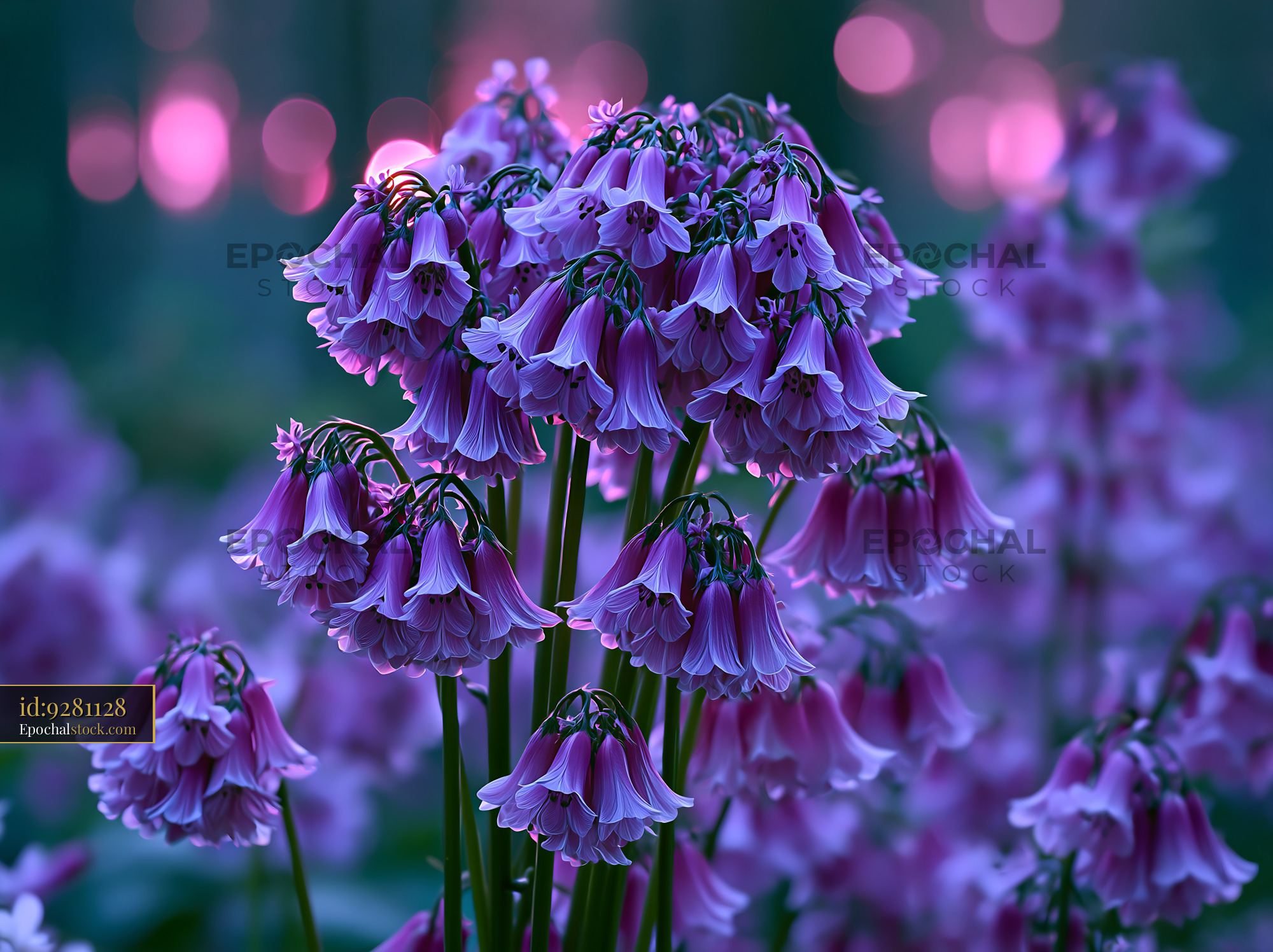 Purple Flowers Bloom in a Forest During Twilight Hours - stock photo