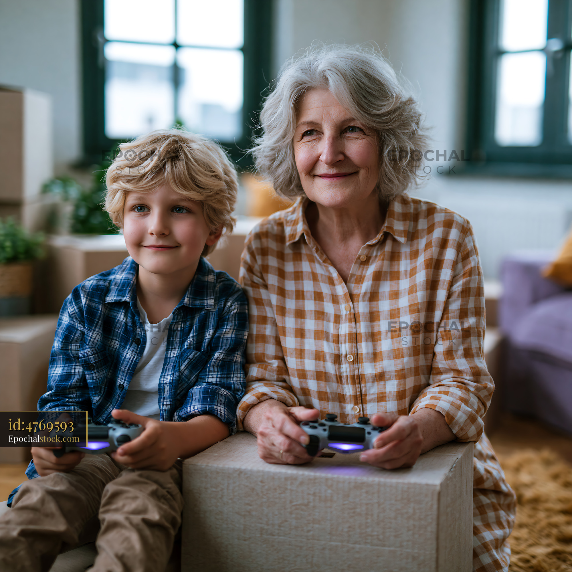 Watermarked full-resolution preview of Senior woman and child playing video games at home