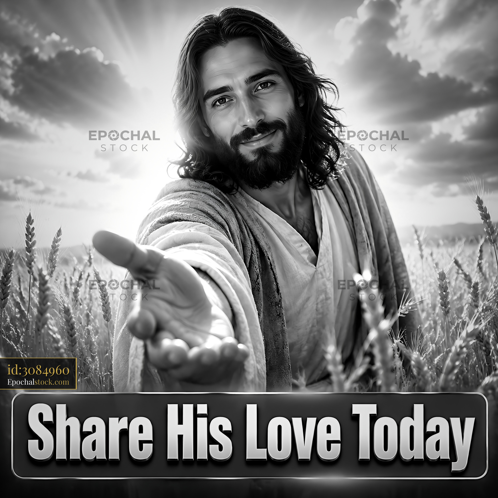Watermarked full-resolution preview of Hand extended from a man in a field with clouds above