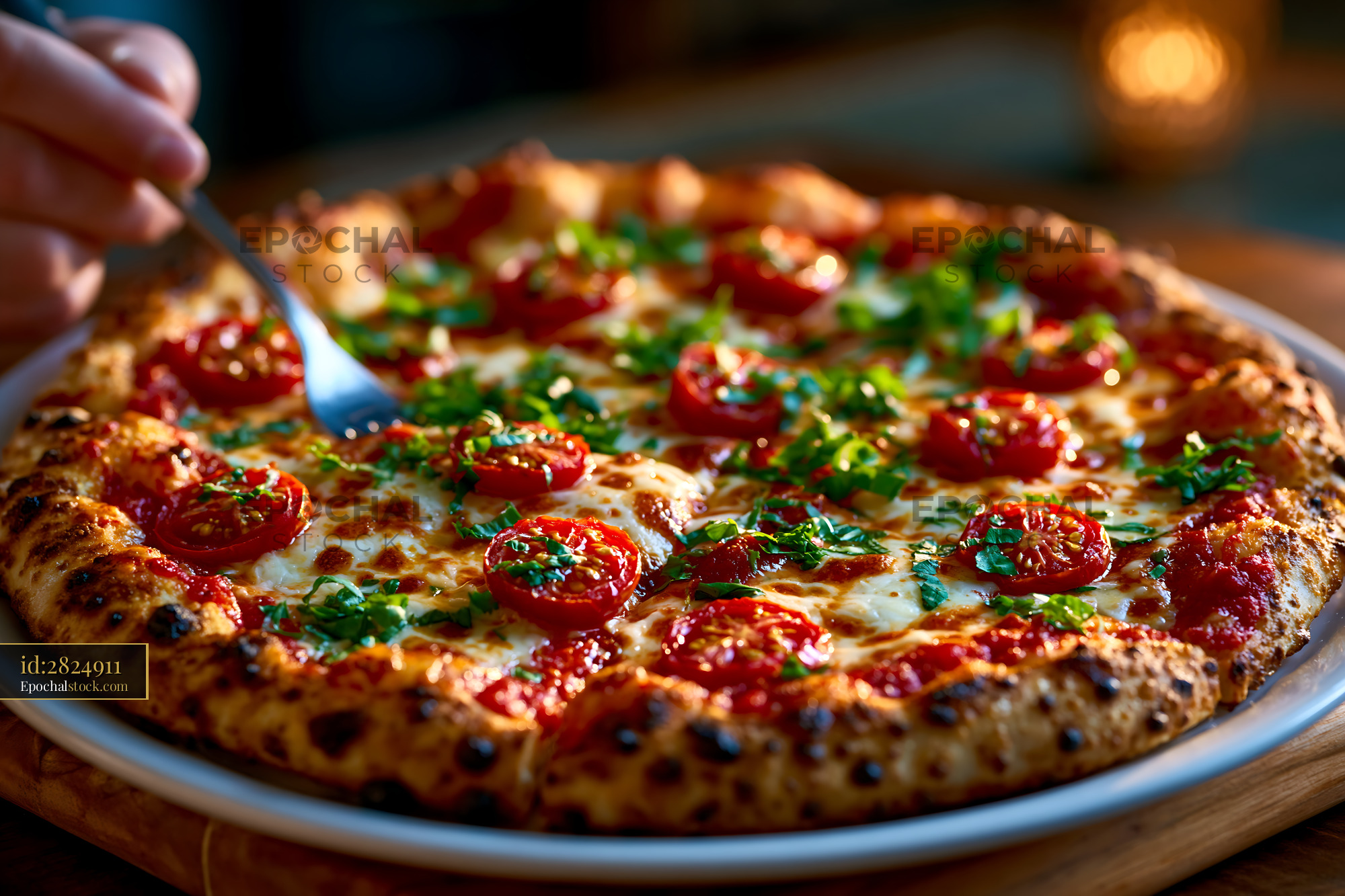 Watermarked full-resolution preview of Freshly baked pizza topped with tomatoes, cheese, and herbs