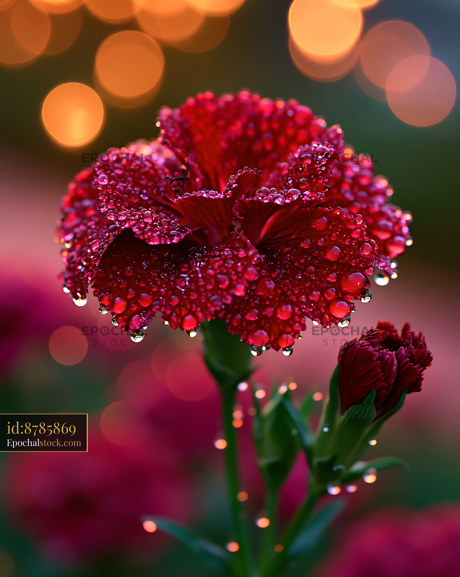 Watermarked full-resolution preview of Red carnation with water droplets in a garden setting