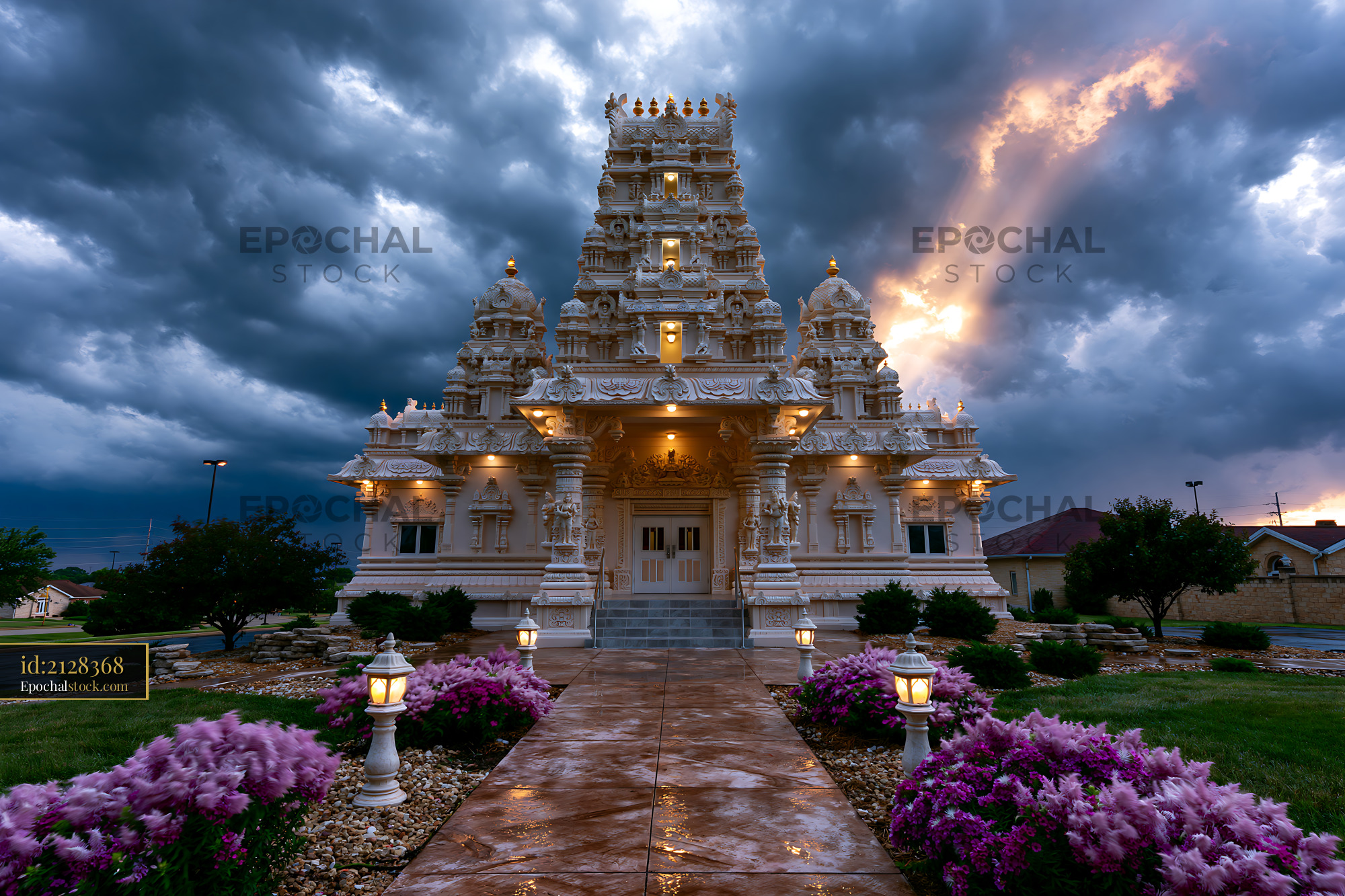 Watermarked full-resolution preview of Temple stands under a dramatic sky with storm clouds and sunlight
