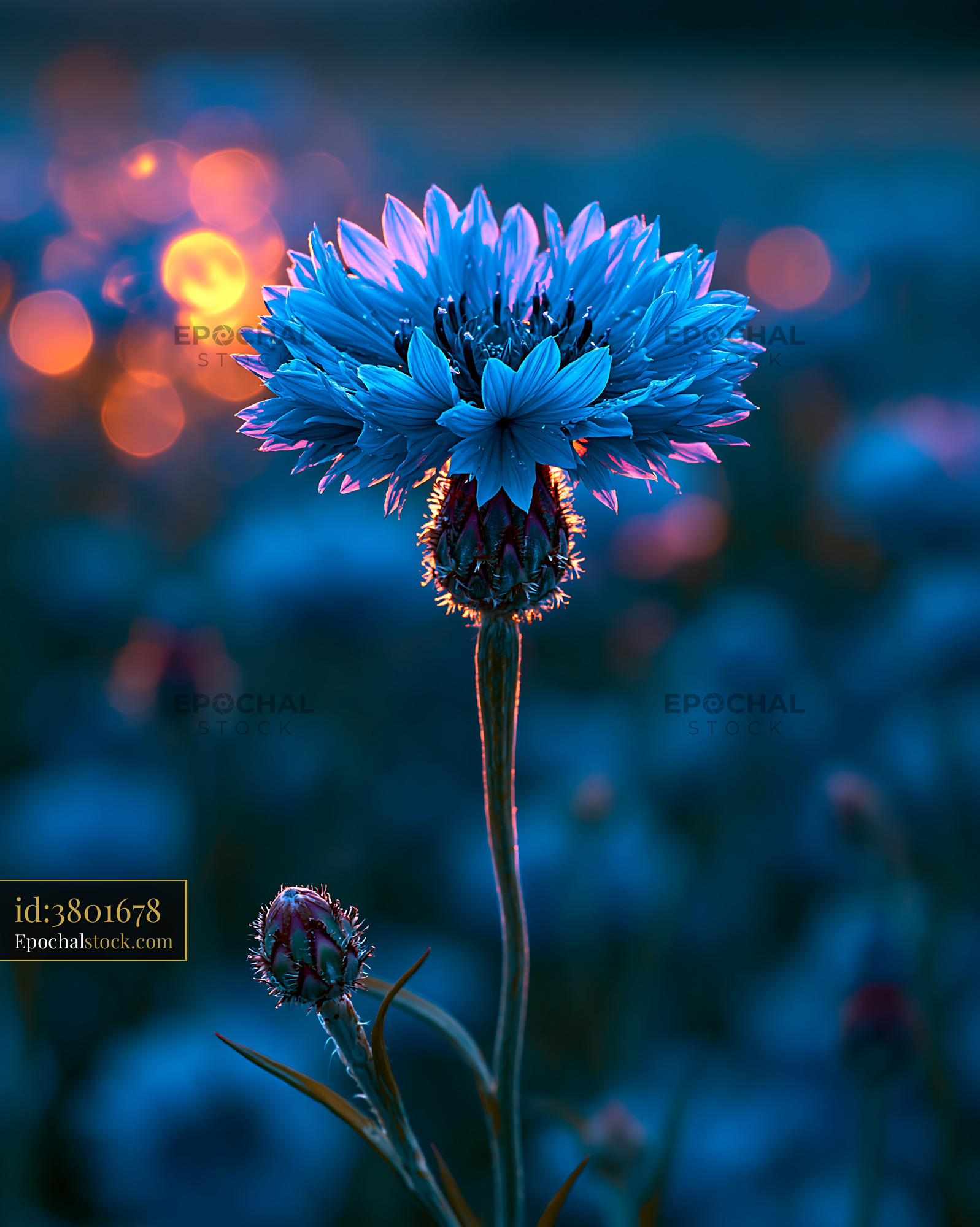 Watermarked full-resolution preview of Blue flower with glowing background at sunset