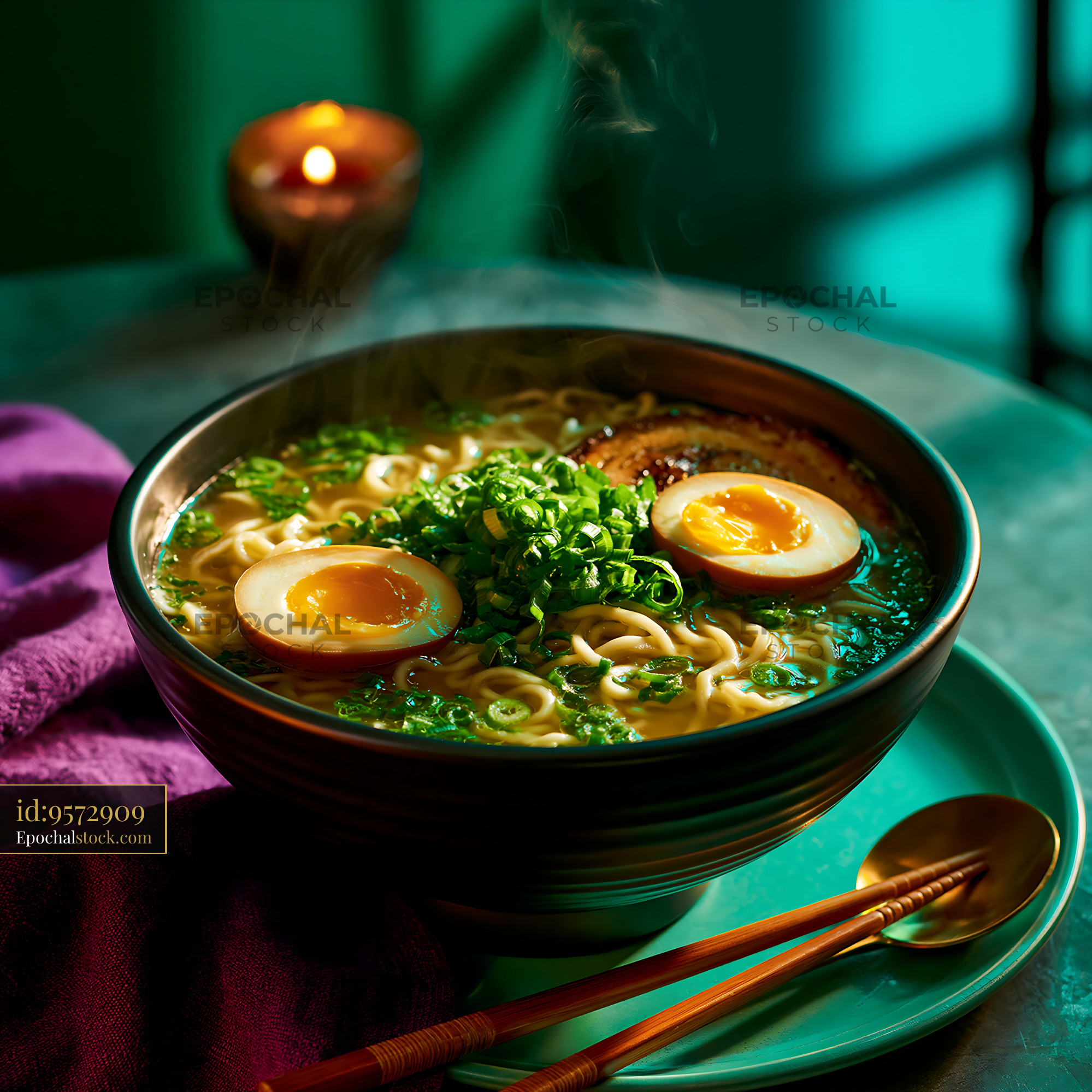 Watermarked full-resolution preview of Hot bowl of ramen with eggs and green onions on a table