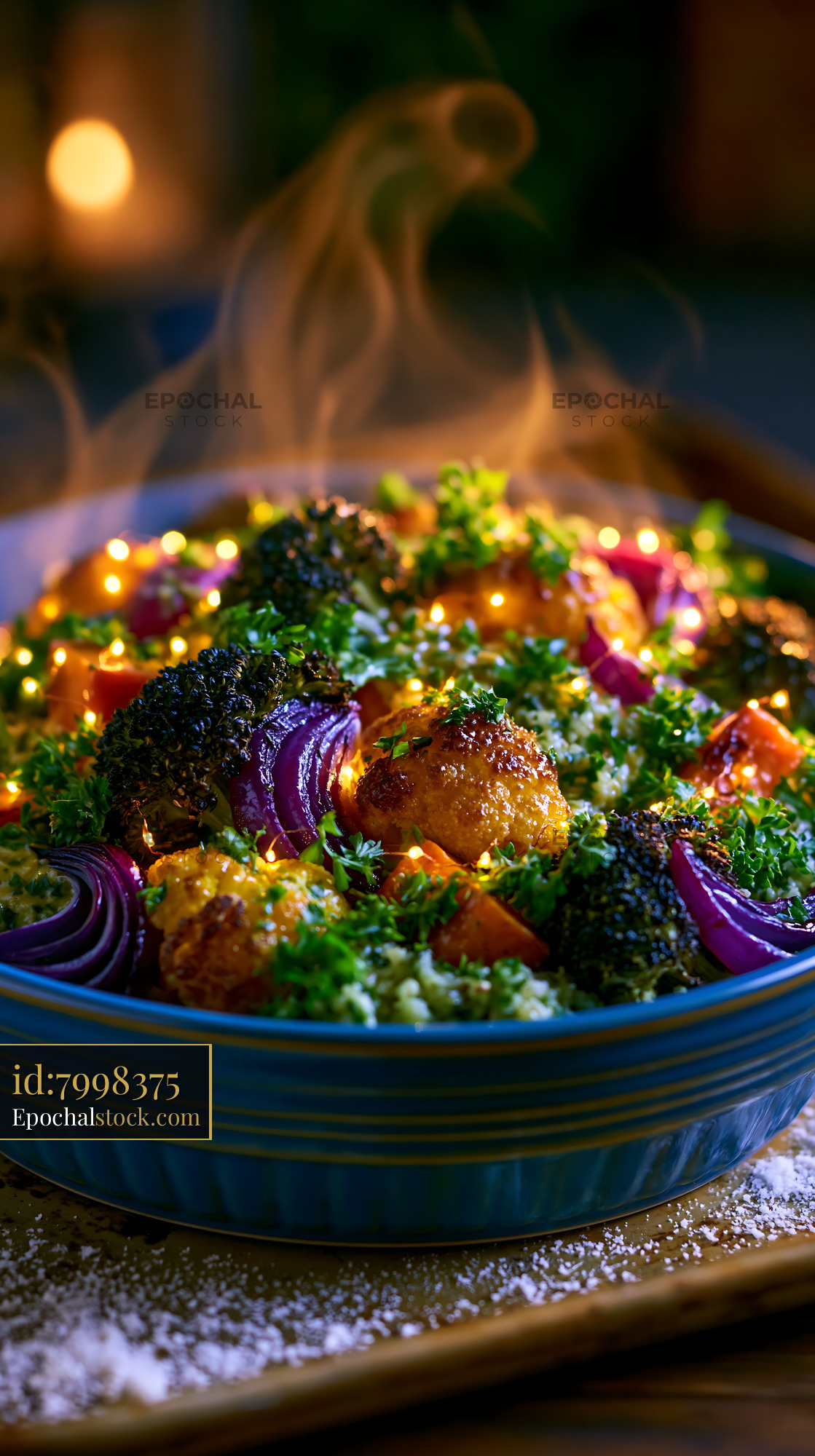 Watermarked full-resolution preview of Warm vegetable dish in a blue bowl with glowing lights