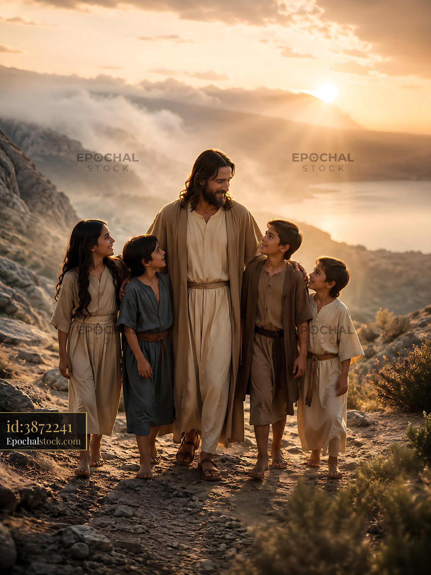 Watermarked full-resolution preview of Children walking with a man in a desert landscape at sunset