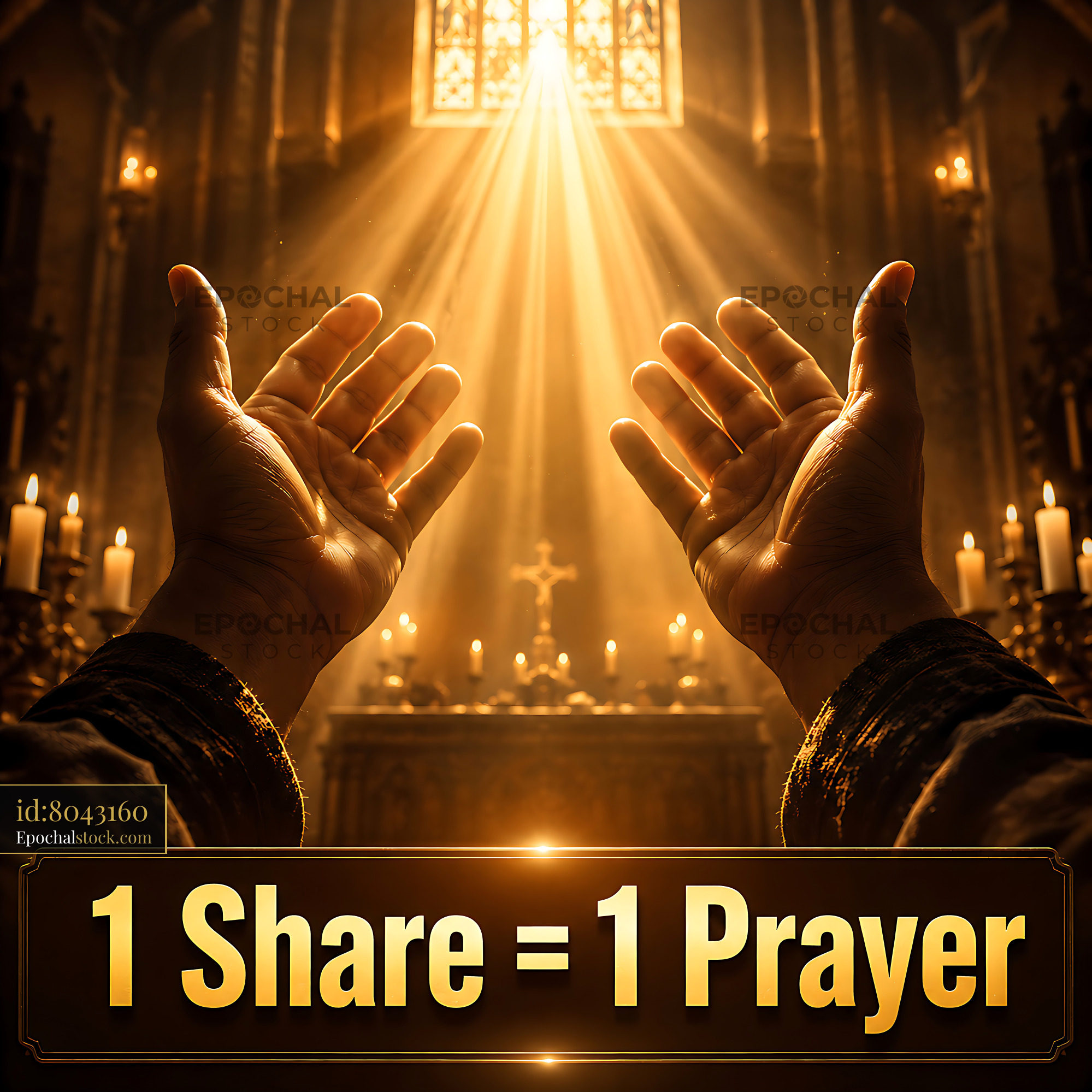 Watermarked full-resolution preview of Hands raised in prayer with light beams in a solemn setting